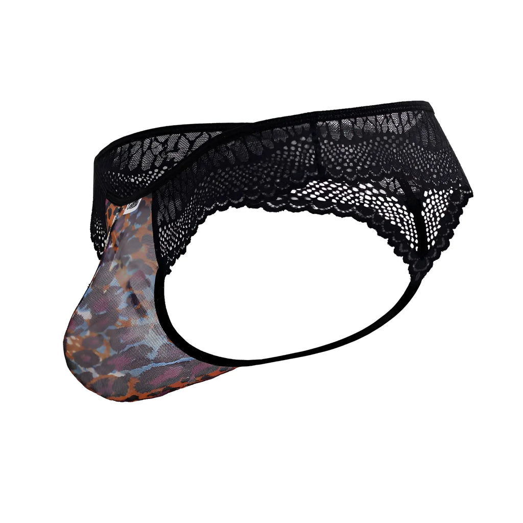 Black lace-trimmed men’s thong with leopard print mesh front panel from candyman 99887 animal print collection