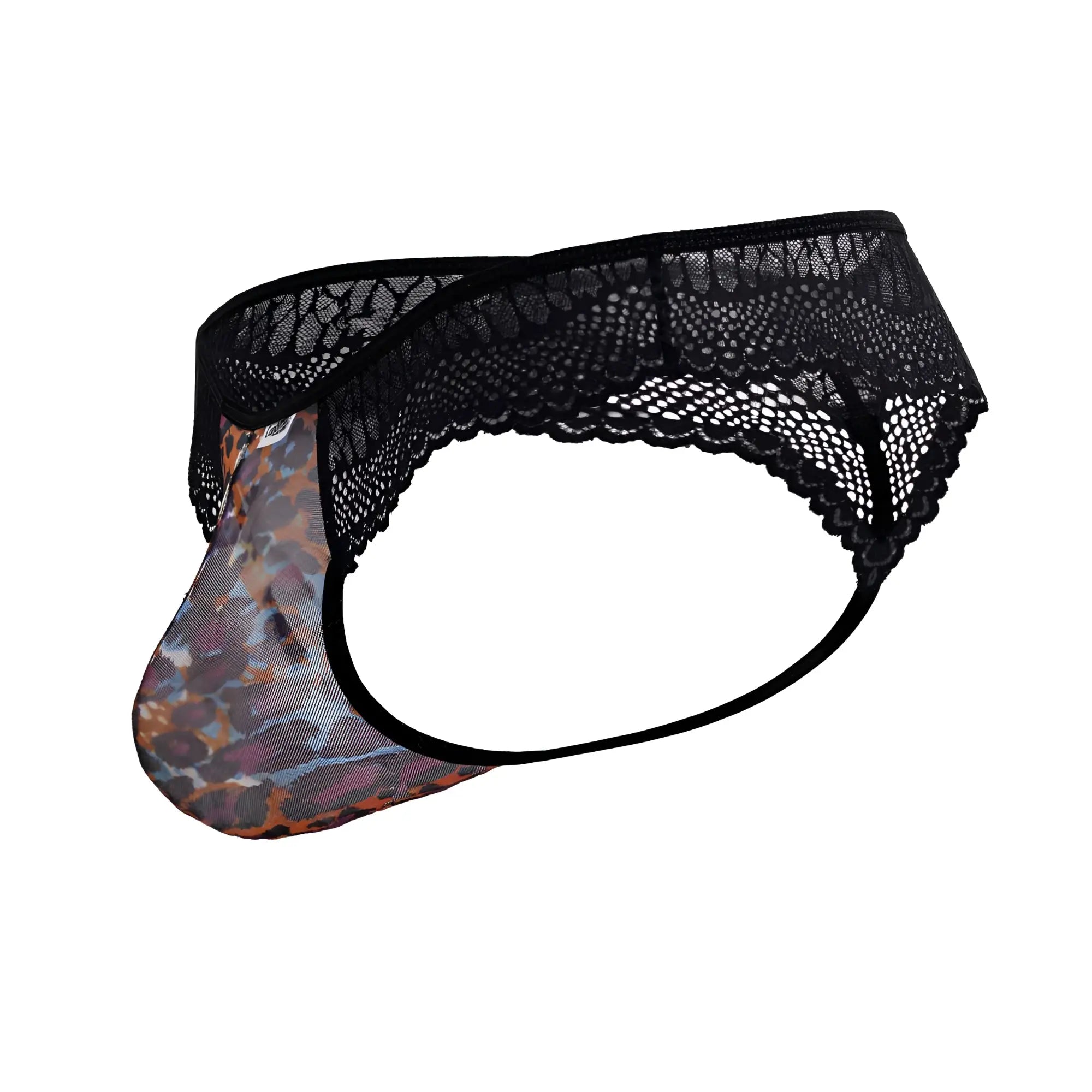 Black lace-trimmed men’s thong with leopard print mesh front panel from candyman 99887 animal print collection