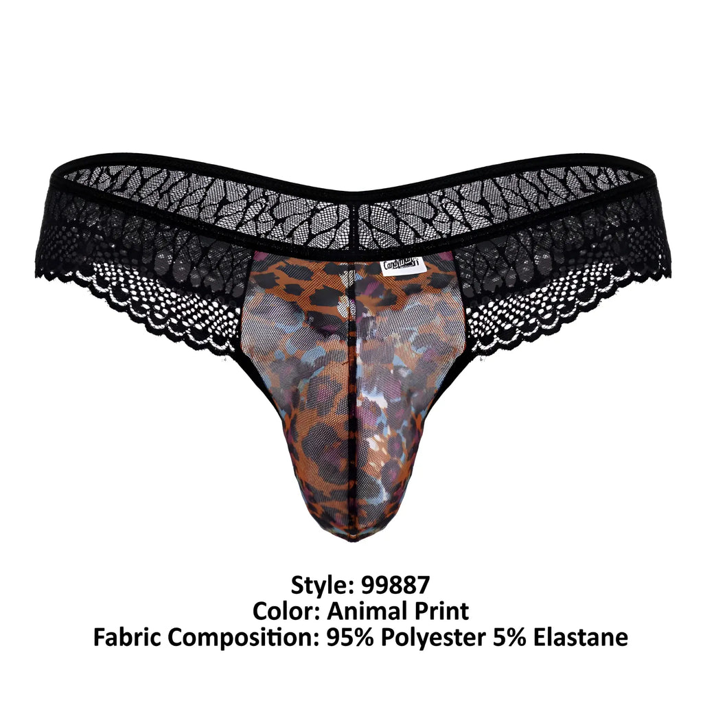 Black lace-trimmed thong with leopard print center panel made of 95 polyester and 5 elastane by CandyMan