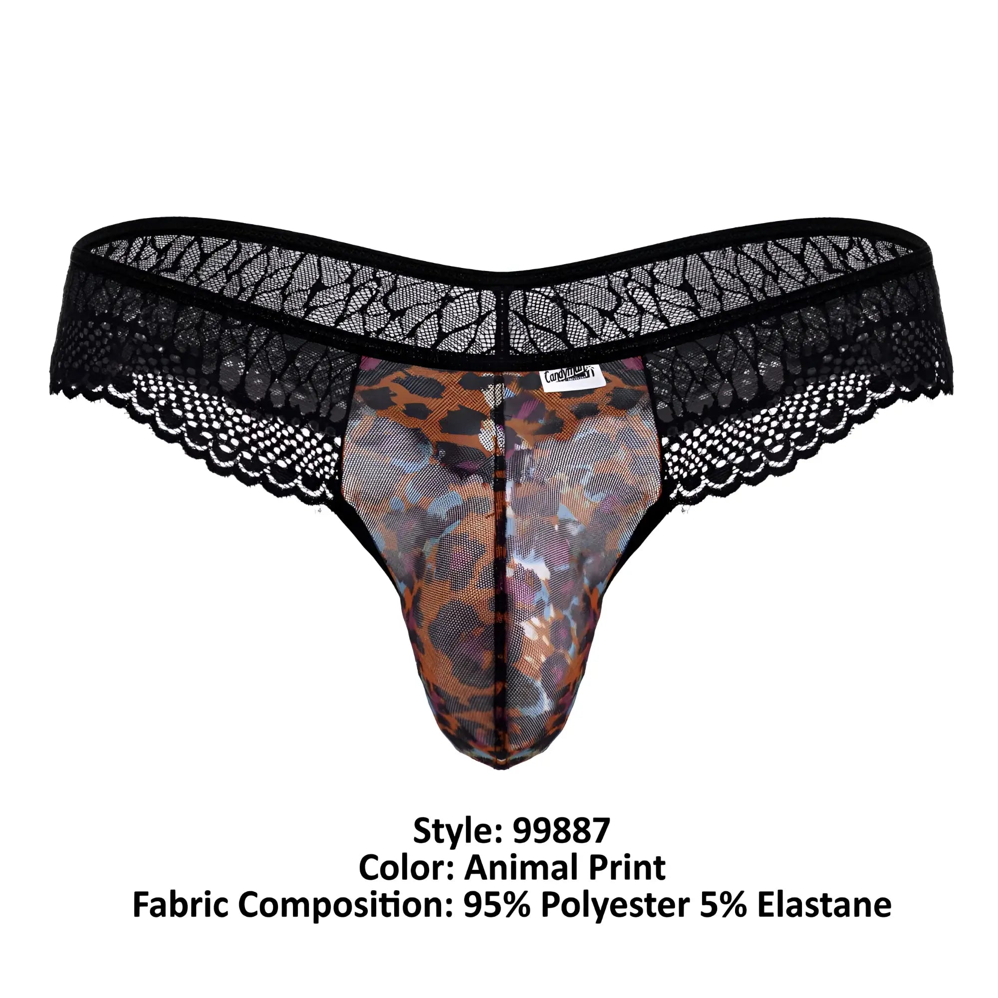 Black lace-trimmed thong with leopard print center panel made of 95 polyester and 5 elastane by CandyMan