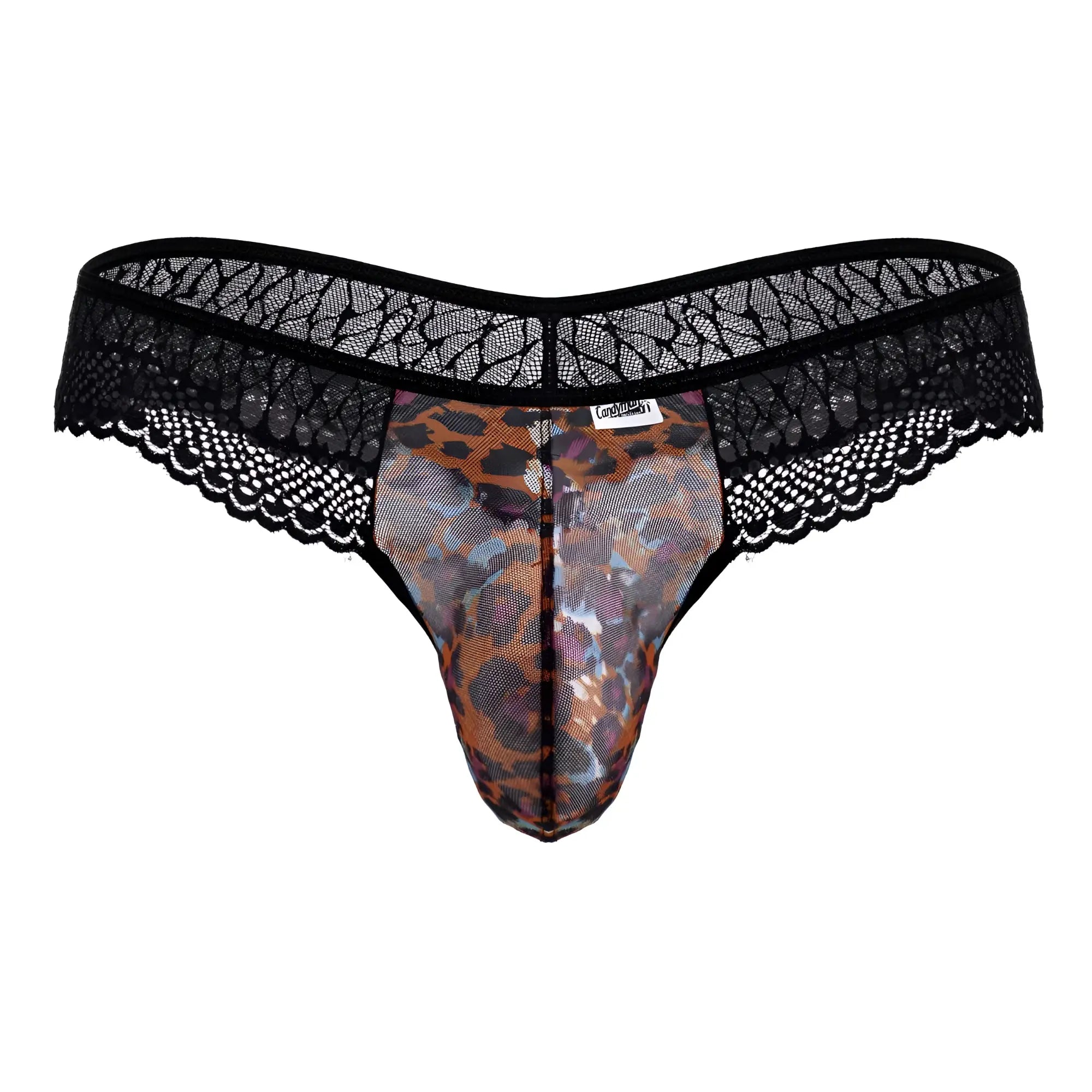 Black lace-trimmed CandyMan 99887 thong with sheer leopard print mesh front in animal print color