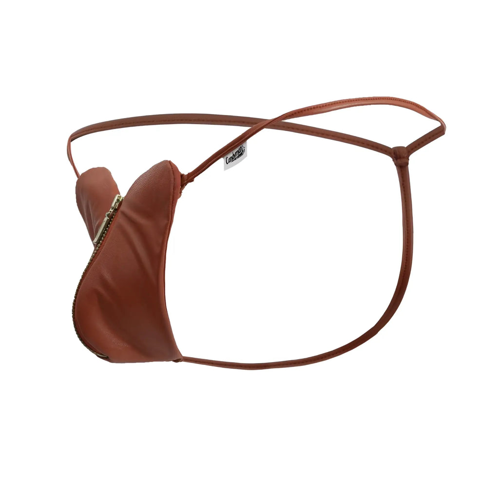 Brown leather CandyMan 99892 heart thong in red with zipper closure and thin straps shown from the back side