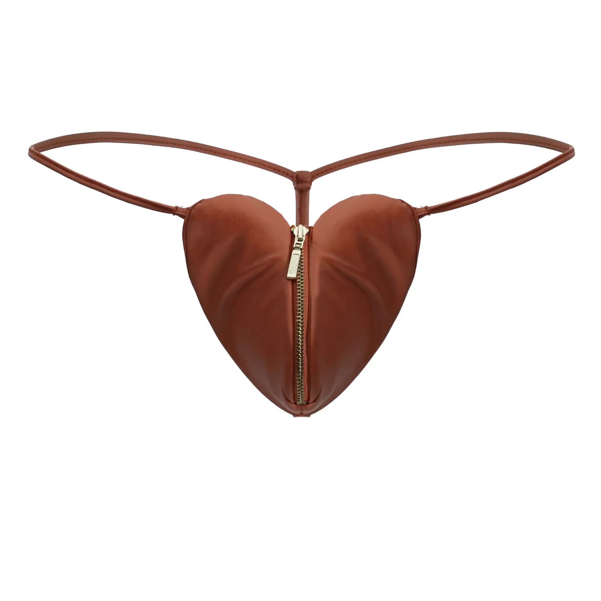 A brown heart-shaped pouch with central zipper and thin straps from candyman 99892 heart thongs red collection