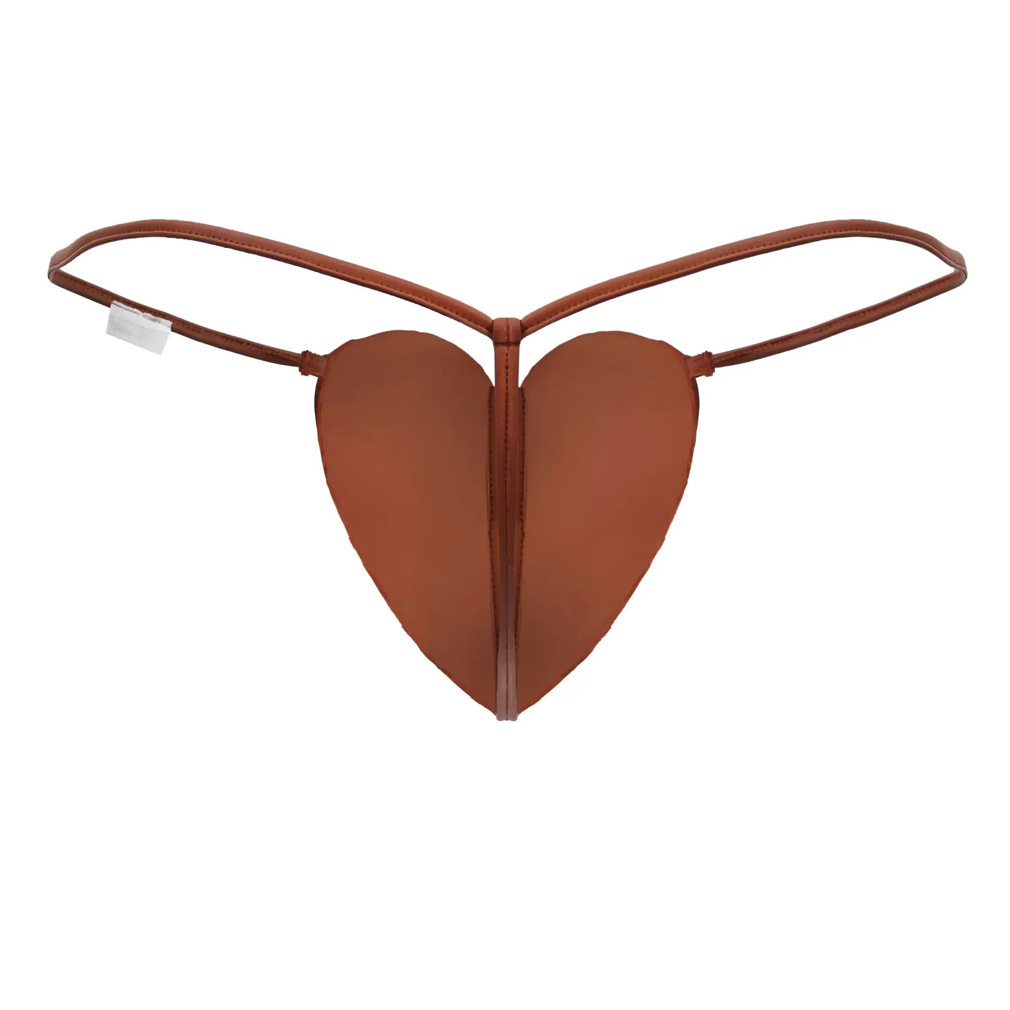 Brown heart-shaped thong from candyman 99892 in red made of smooth leather-like material with thin straps