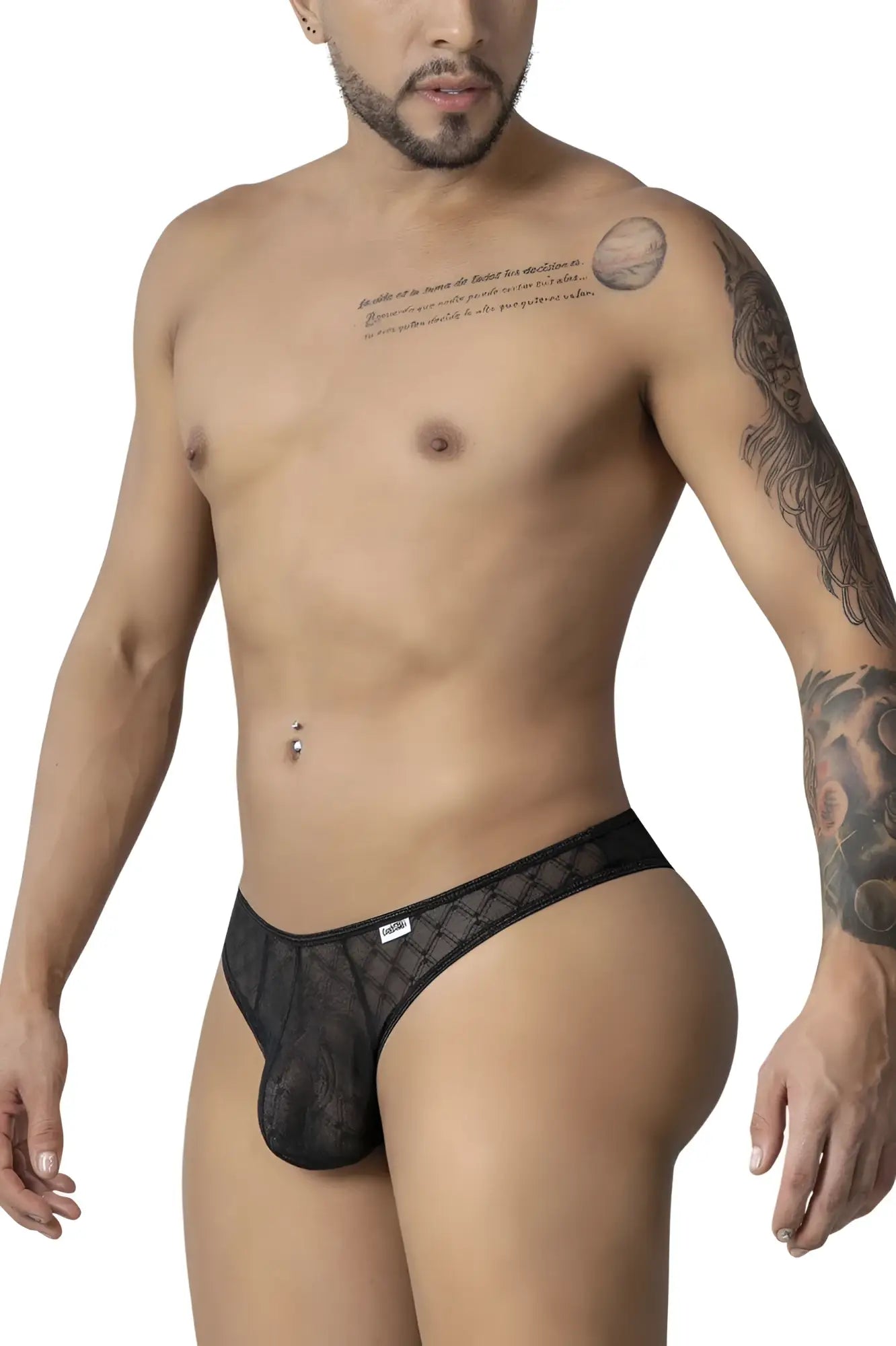 Black lace mens briefs with subtle geometric mesh pattern and small brand tag on the waistband candyMan 99894 black
