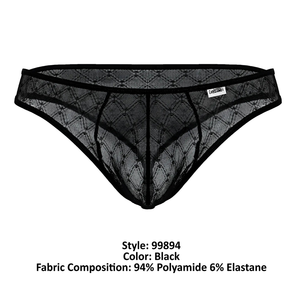 Black lace thong candyMan 99894 with diamond-patterned mesh and reinforced elastic waistband in black color