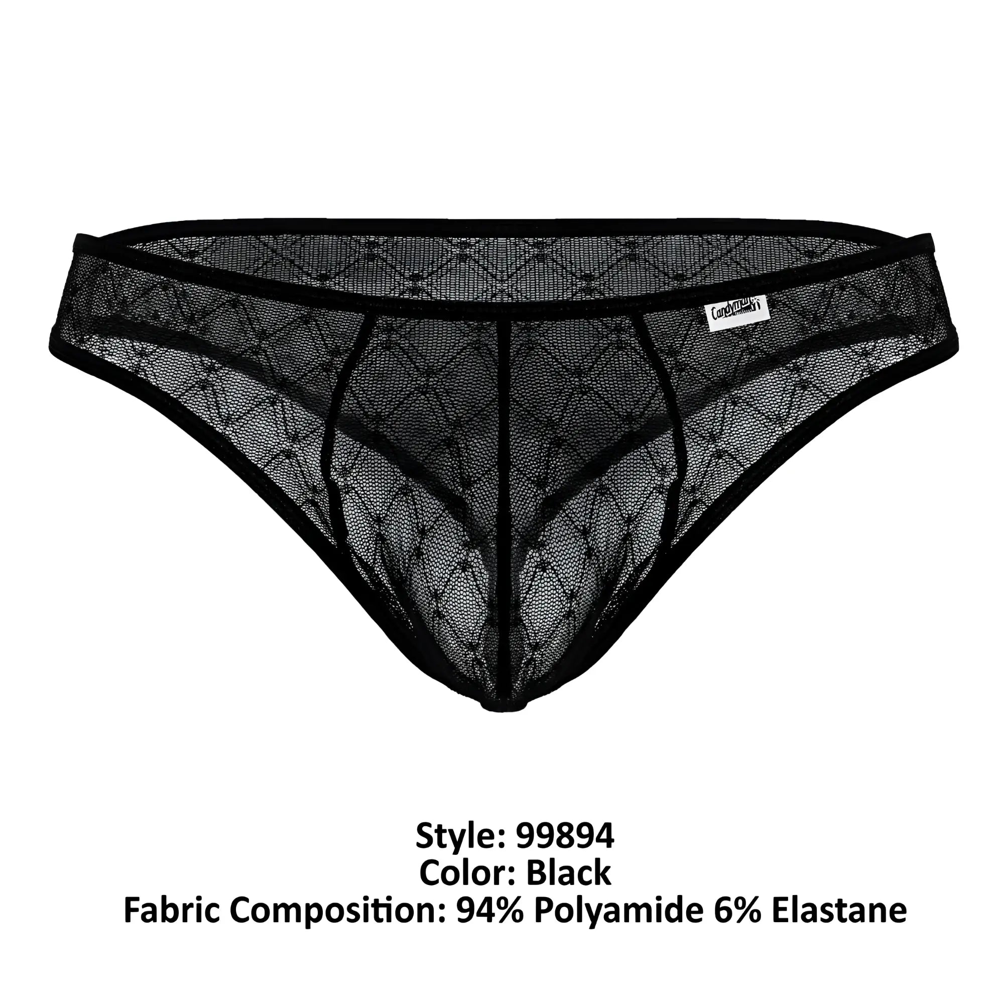 Black lace thong candyMan 99894 with diamond-patterned mesh and reinforced elastic waistband in black color