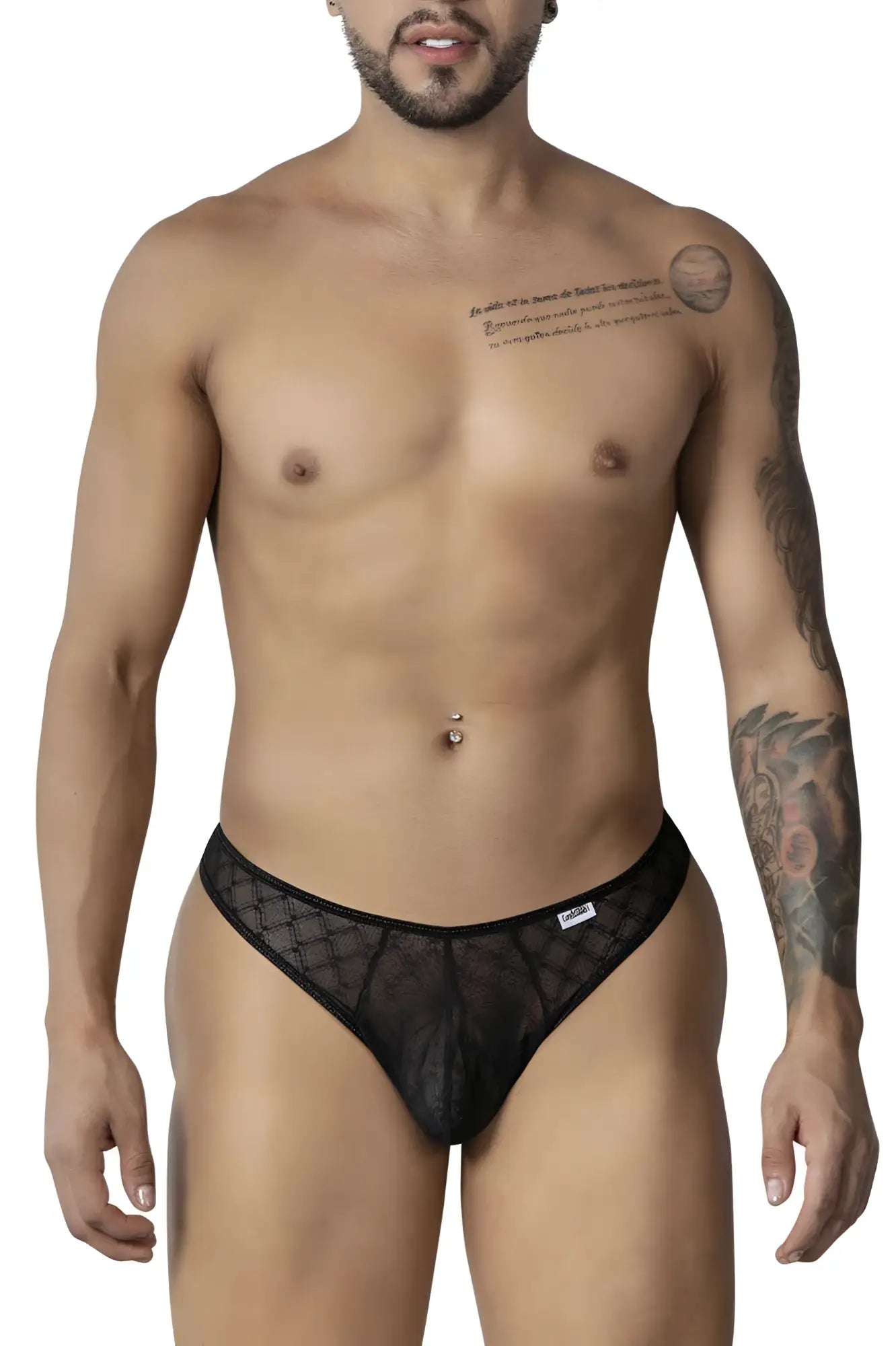 Black lace thong candyMan 99894 in black with subtle geometric mesh pattern and white brand tag on waistband back side