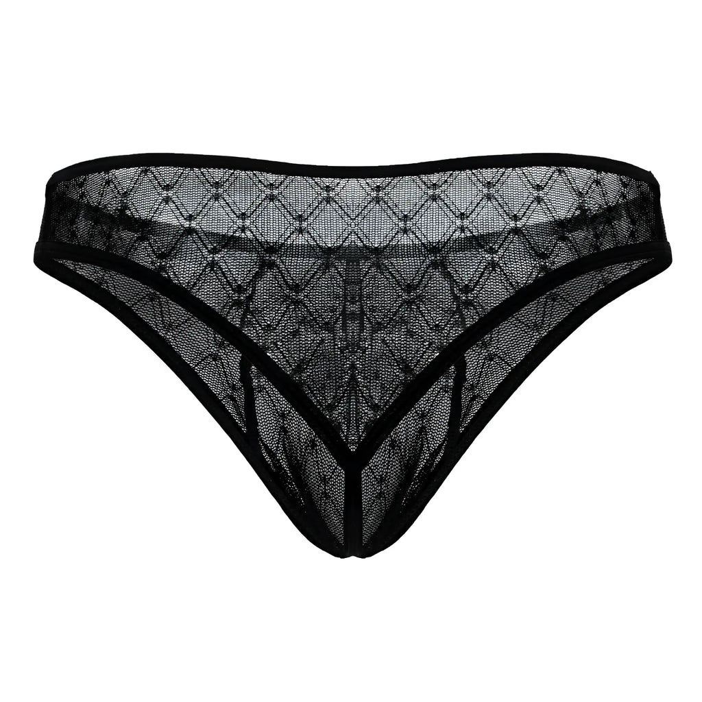 Black candyMan 99894 geometric mesh briefs sheer lace thong with diamond-patterned mesh and solid black trim