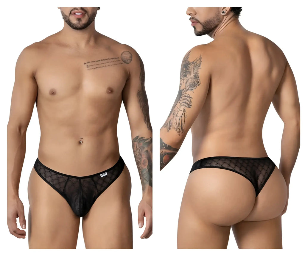 Black candyMan 99894 sheer mesh briefs with geometric pattern and solid waistband front view