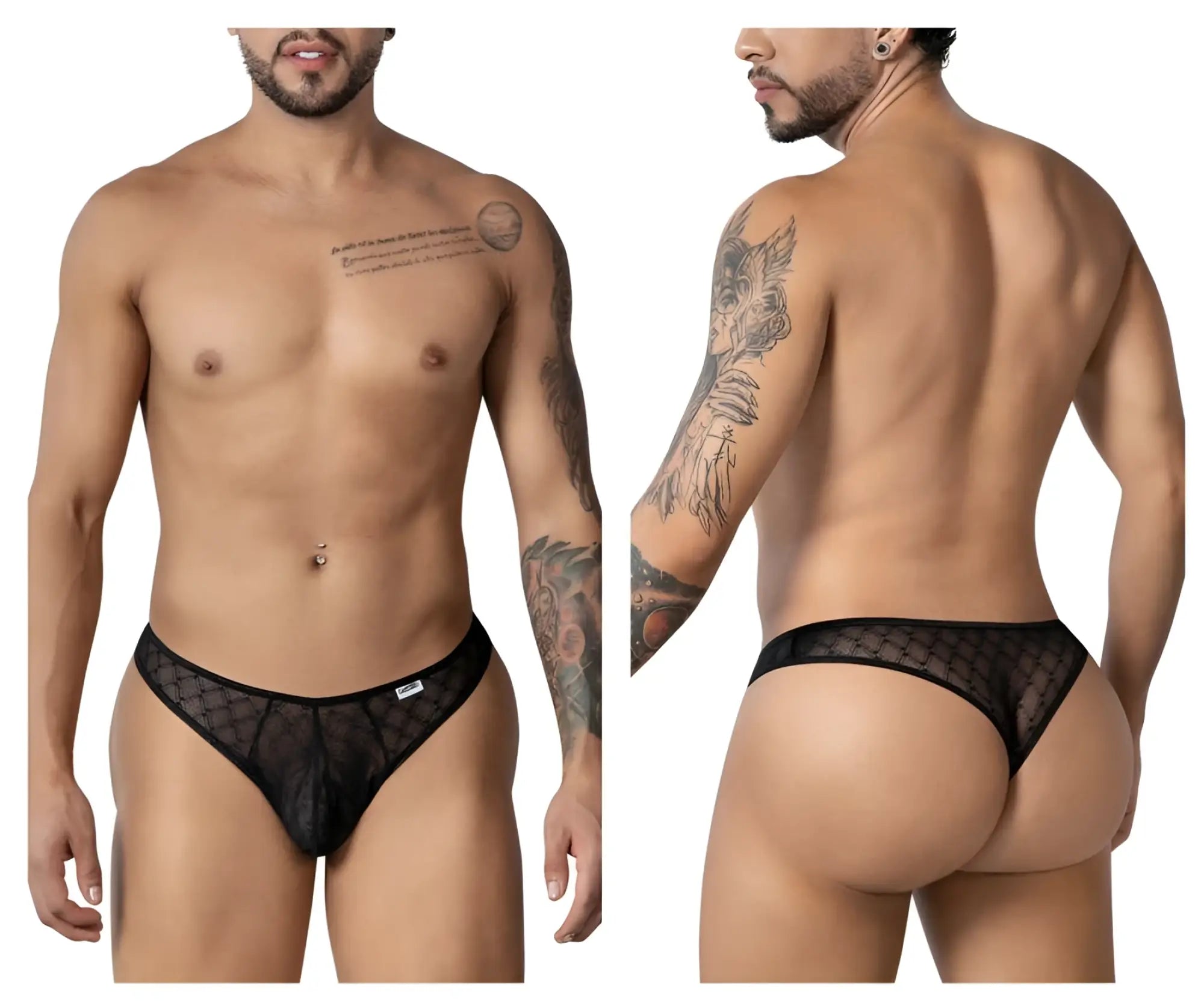 Black candyMan 99894 sheer mesh briefs with geometric pattern and solid waistband front view
