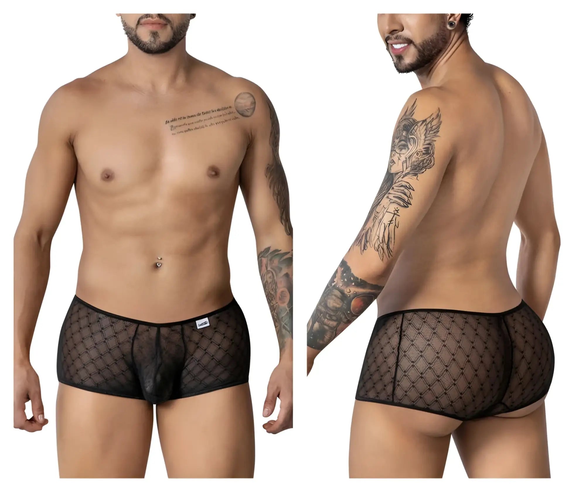 Candyman 99896 geometric mesh trunks in black feature diamond-patterned mesh briefs with reinforced waistband