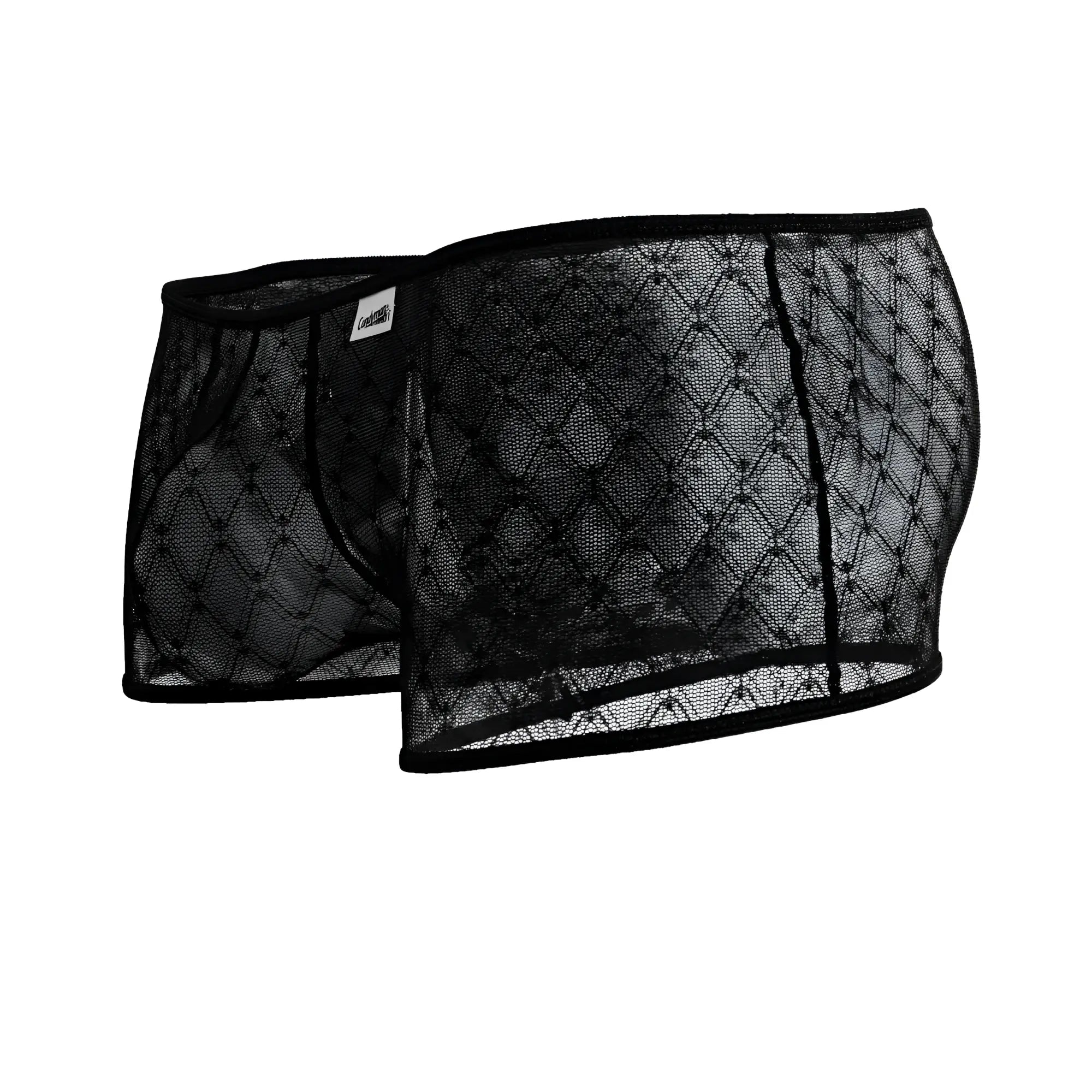 Black candyMan 99896 geometric mesh trunks with lace-trimmed diamond-patterned briefs in breathable mesh fabric