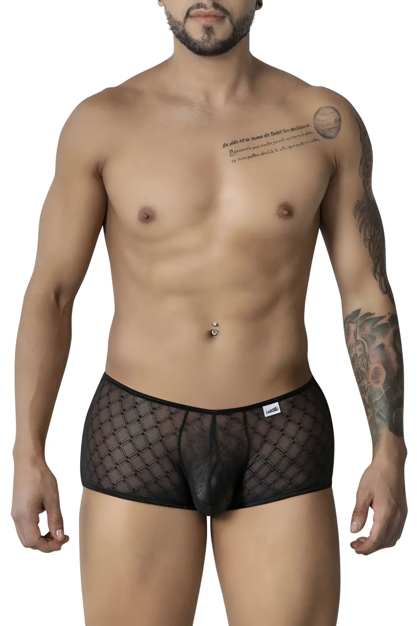 CandyMan 99896 black sheer mesh briefs with diamond pattern and black elastic waistband front view