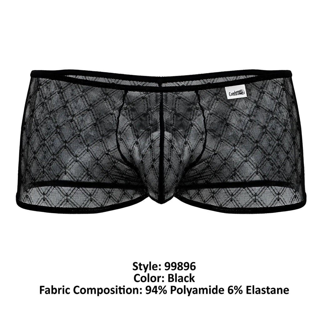 CandyMan 99896 black sheer mesh briefs with diamond pattern and black elastic waistband front view