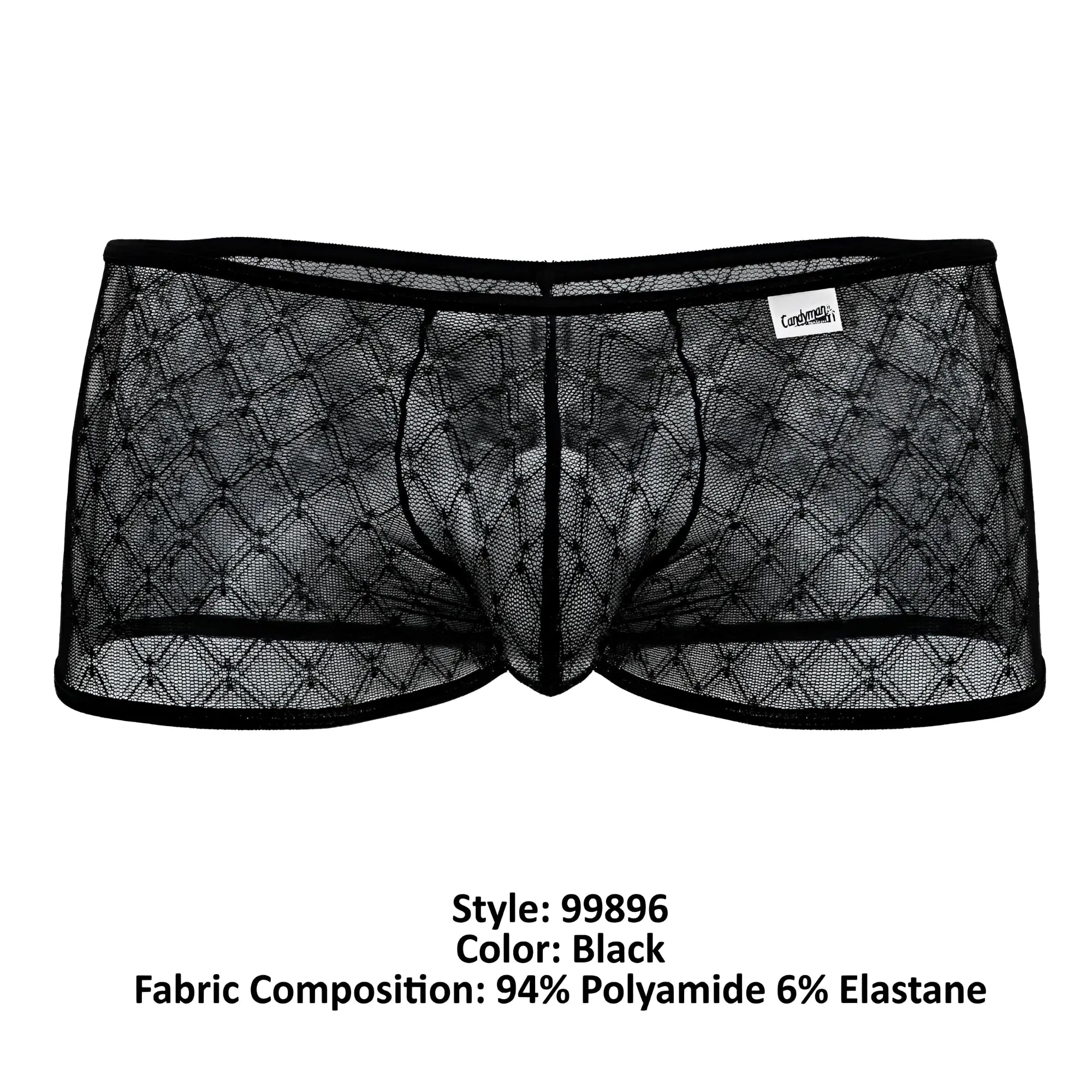 CandyMan 99896 black sheer mesh briefs with diamond pattern and black elastic waistband front view