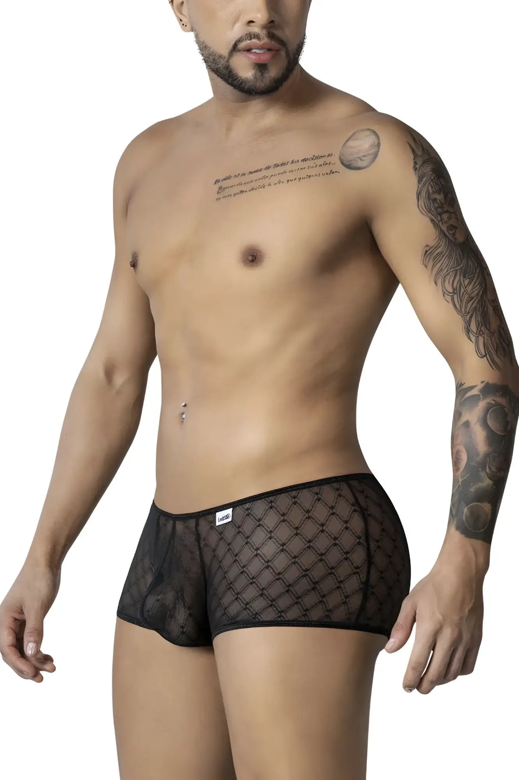 CandyMan 99896 black sheer mesh briefs with diamond-patterned geometric design for comfortable everyday wear