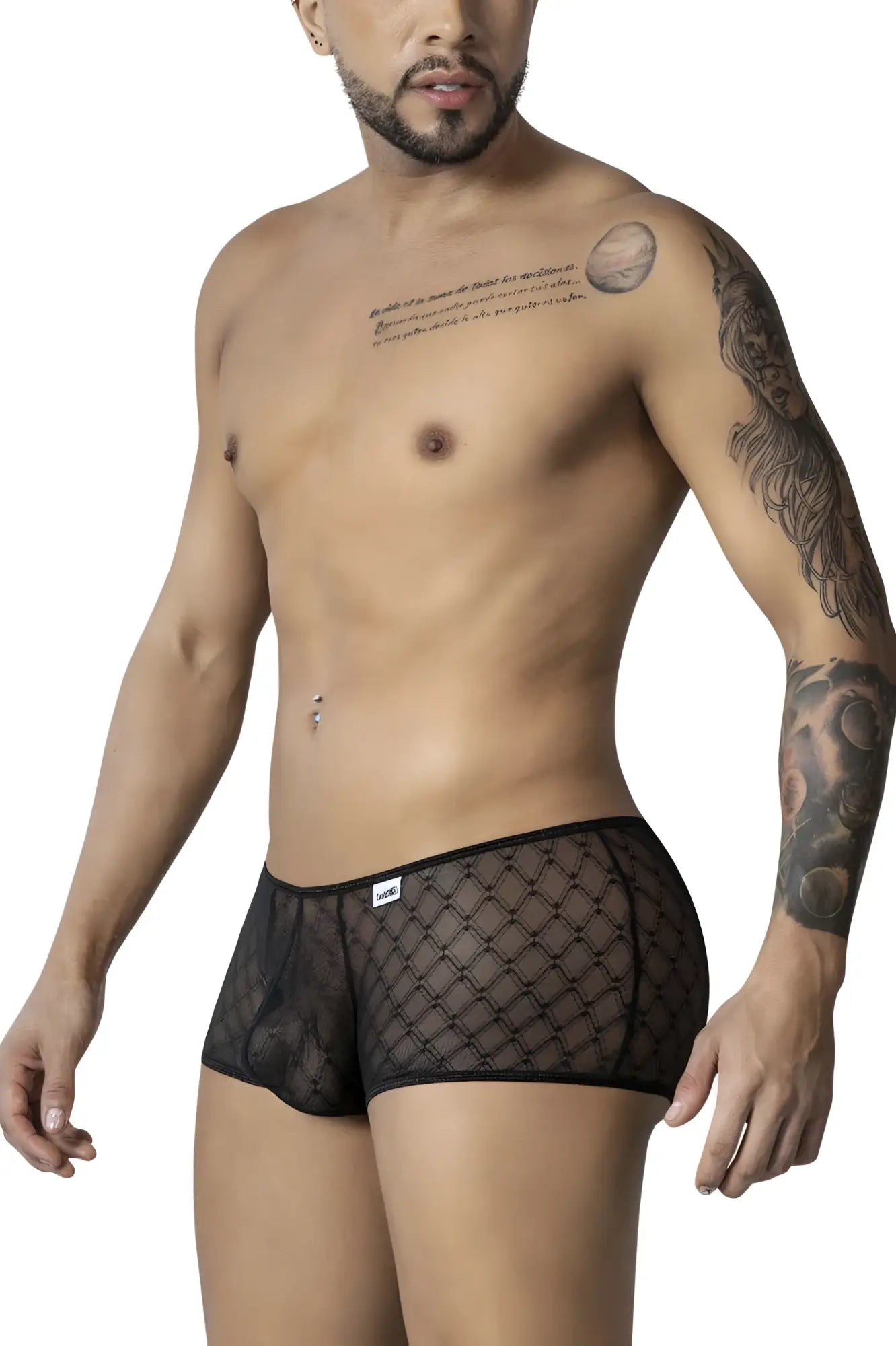 CandyMan 99896 black sheer mesh briefs with diamond-patterned geometric design for comfortable everyday wear