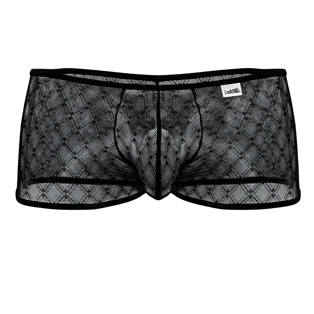 Black sheer mesh briefs candy man 99896 with diamond pattern and reinforced elastic waistband