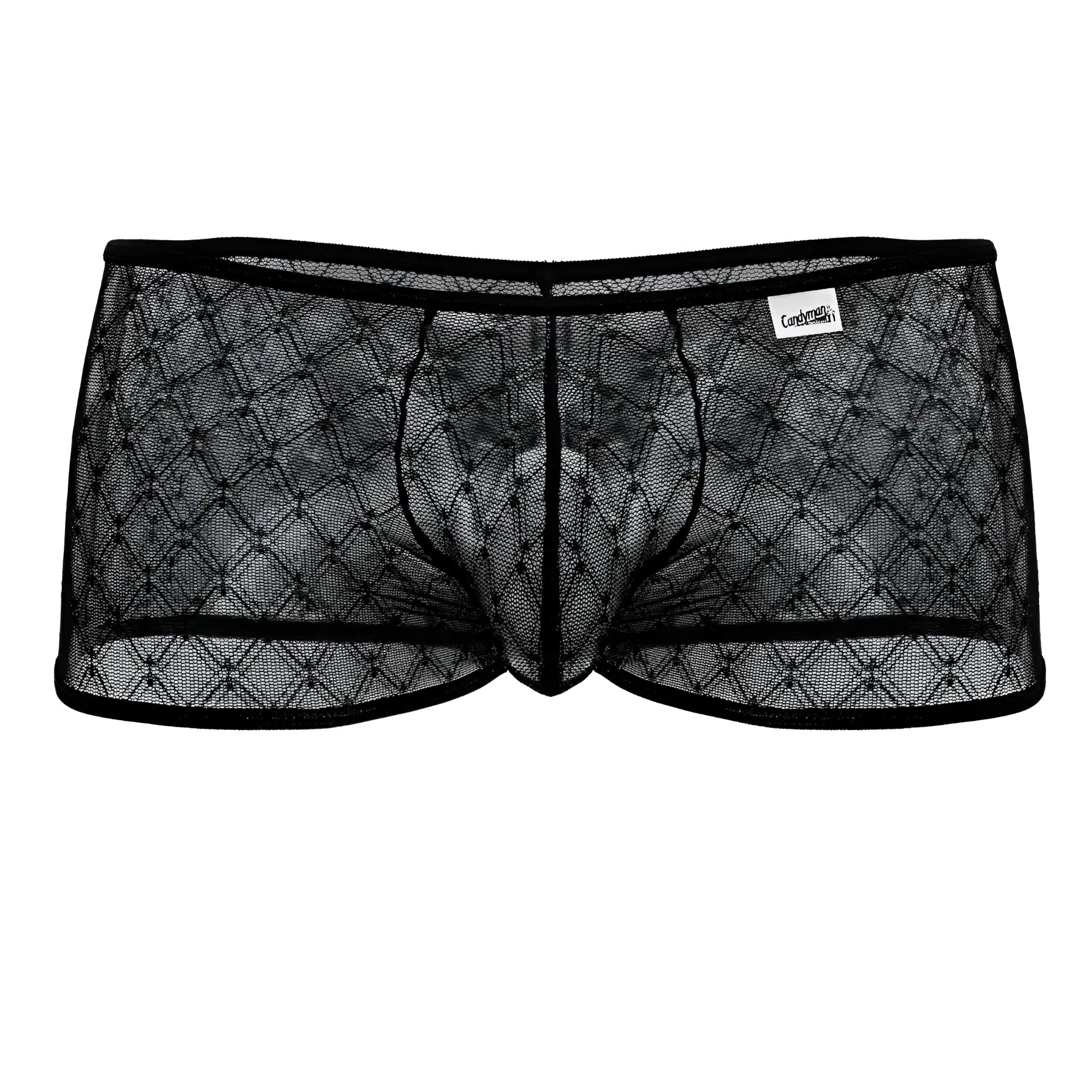 Black sheer mesh briefs candy man 99896 with diamond pattern and reinforced elastic waistband