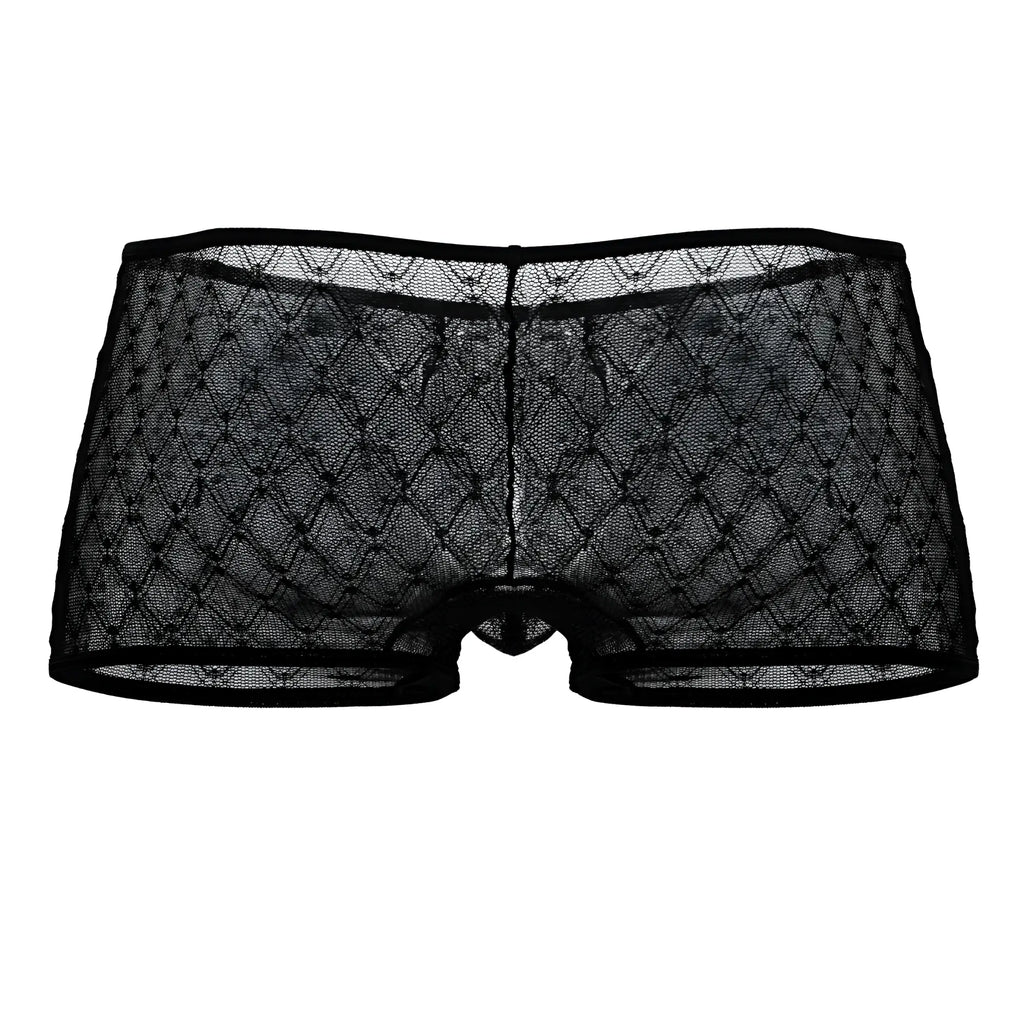 Candinman 99896 black sheer lace men’s trunks with diamond pattern and reinforced waistband front view