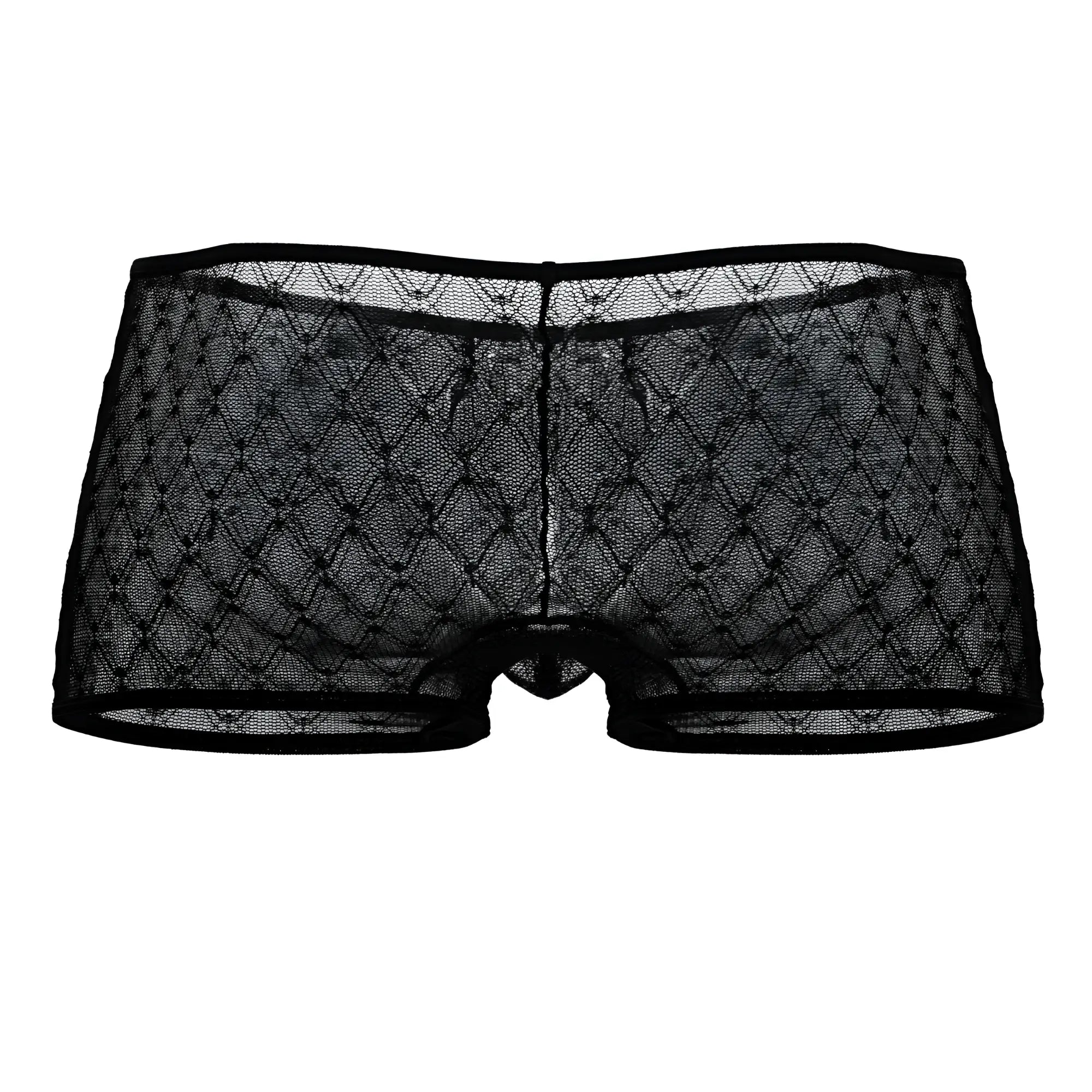Candinman 99896 black sheer lace men’s trunks with diamond pattern and reinforced waistband front view