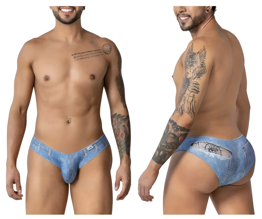 Blue denim candyMan 99897 cowboy briefs showing back side with cutout design made of denim fabric