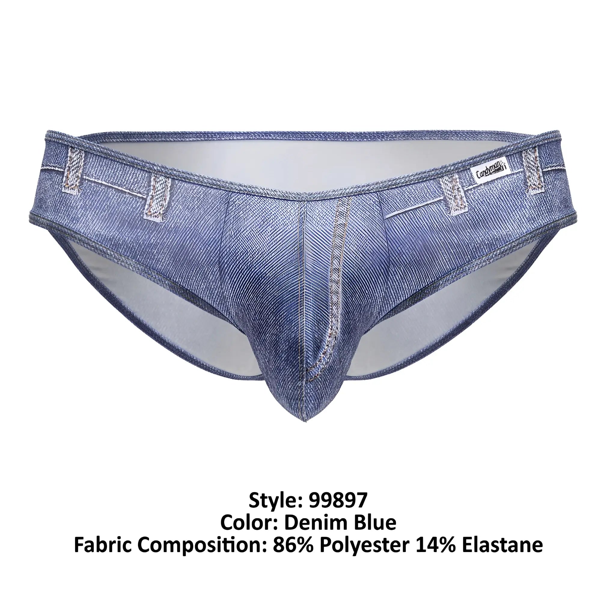 CandyMan 99897 cowboy briefs in denim blue with faux denim texture and stitched pocket details for men
