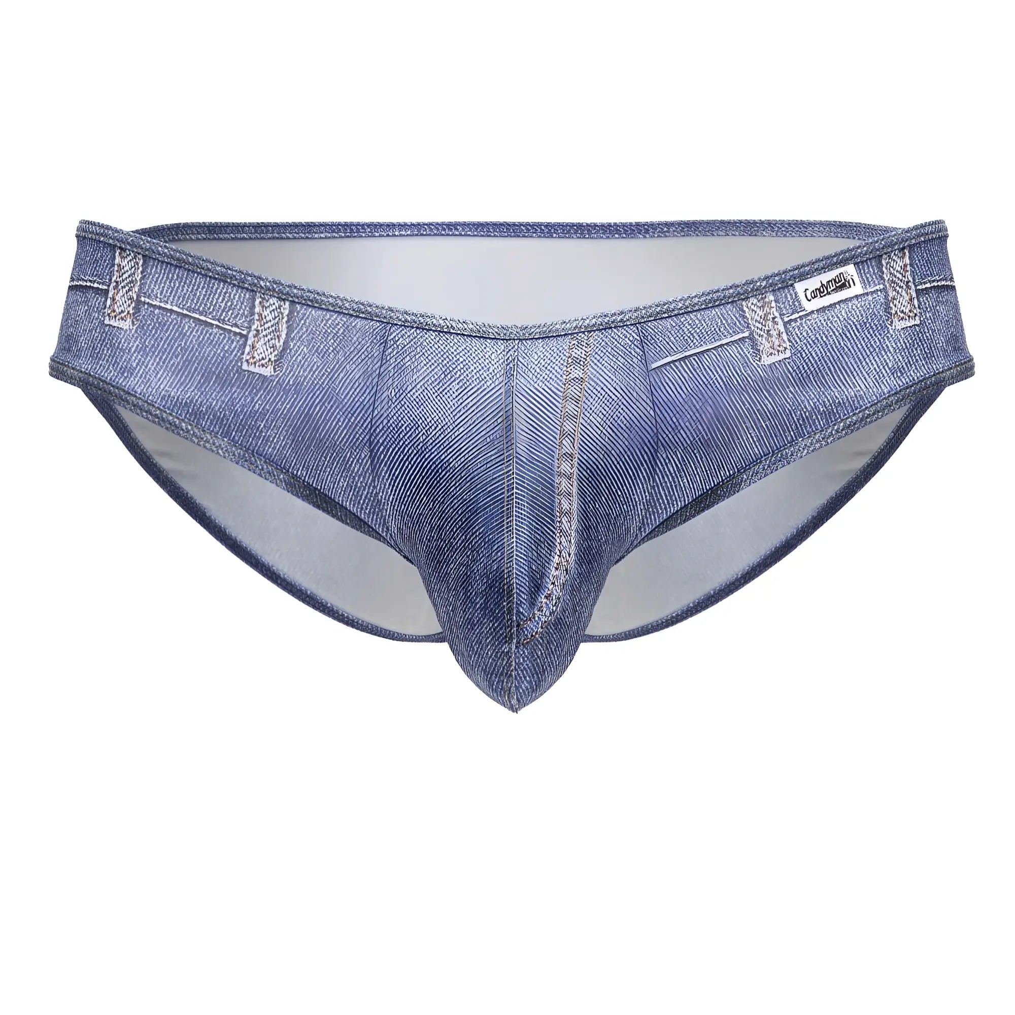 Blue denim patterned candyman 99897 cowboy briefs for men with stitched belt loops and white interior lining