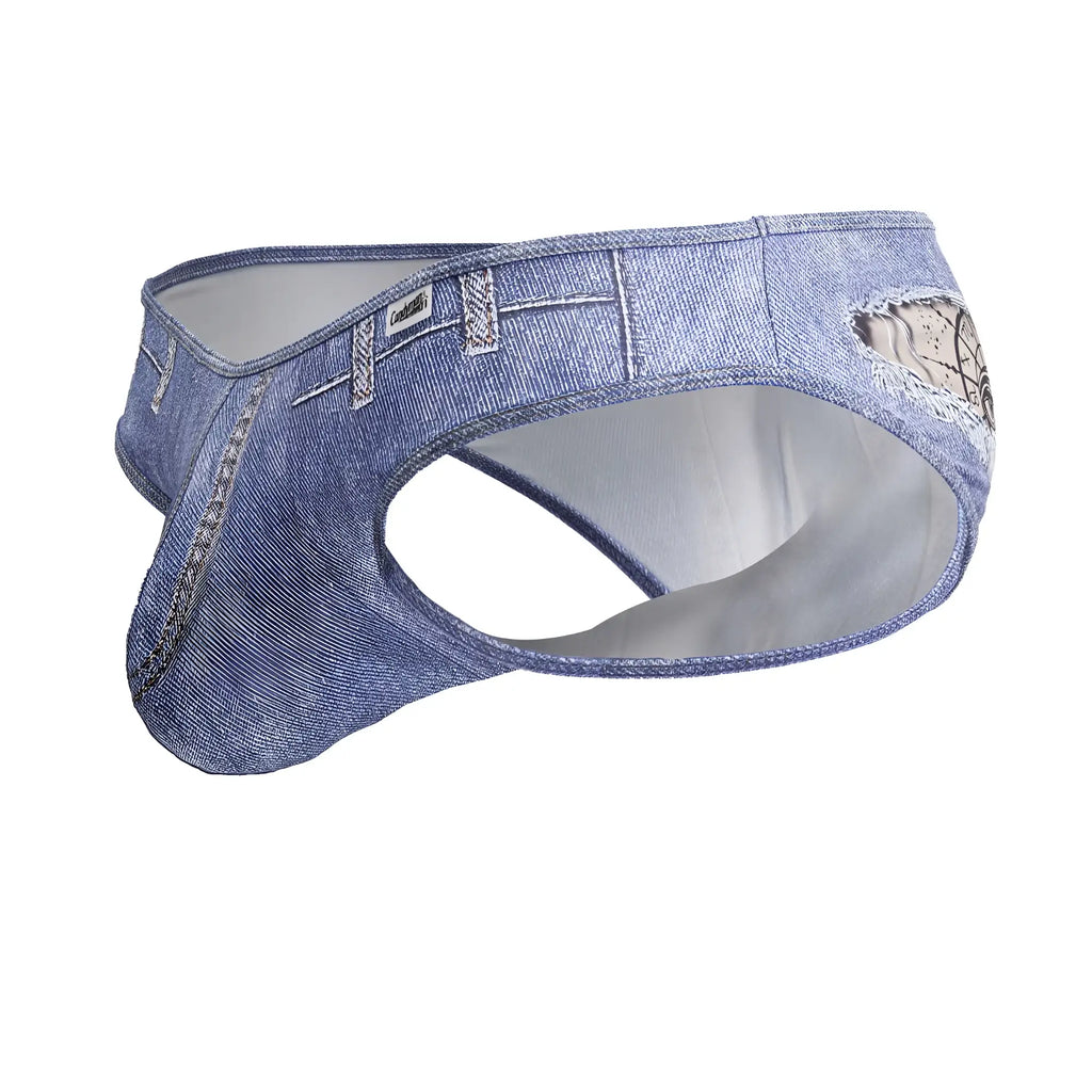 Candyman 99897 cowboy briefs in denim blue feature blue denim-style fabric with distressed patch and lace trim