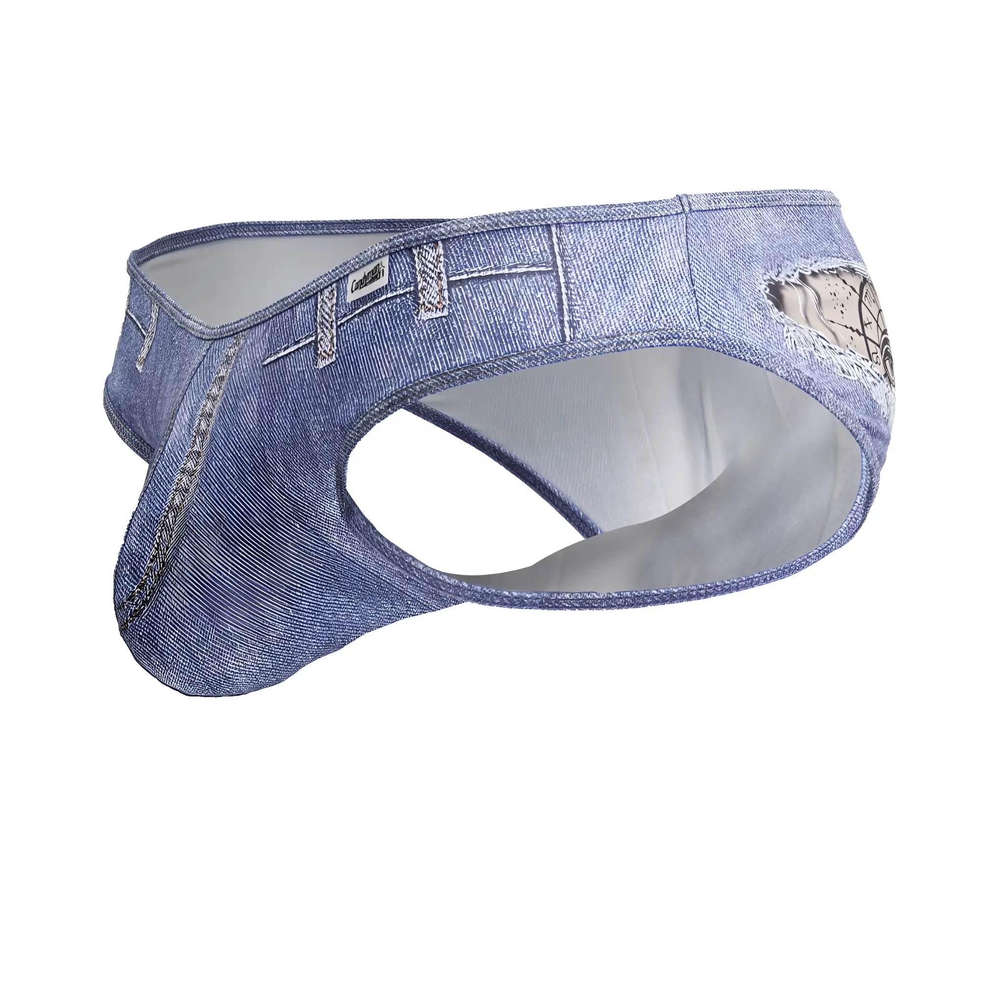 Candyman 99897 cowboy briefs in denim blue feature blue denim-style fabric with distressed patch and lace trim