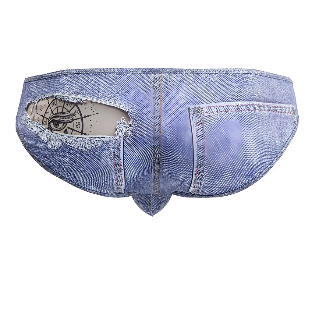 CandyMan 99897 cowboy briefs in denim blue featuring distressed ripped patch with eye and clock design on front