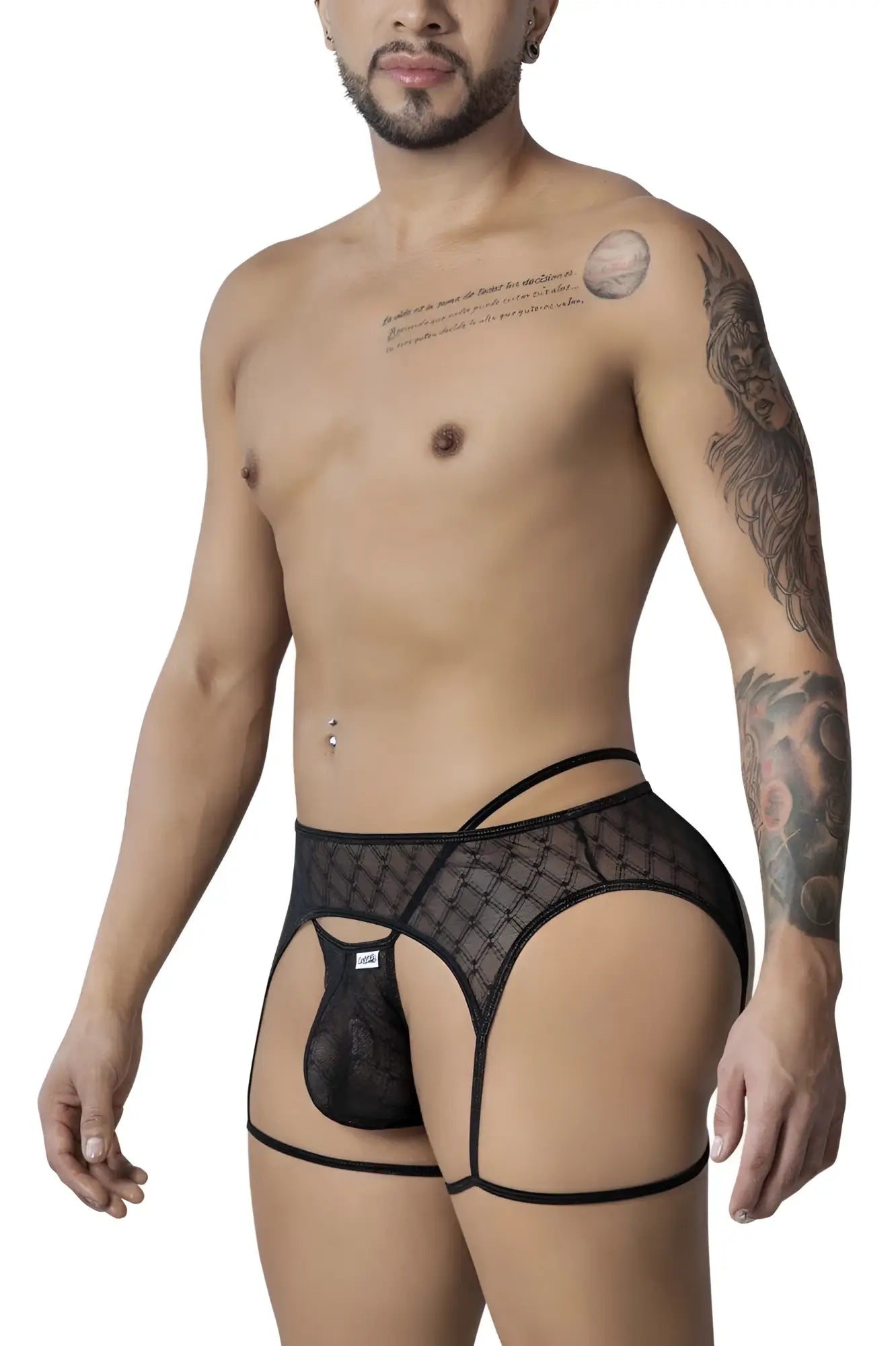 CandyMan 99898 geometric mesh thongs in black with diamond-patterned mesh and thin supportive straps front view