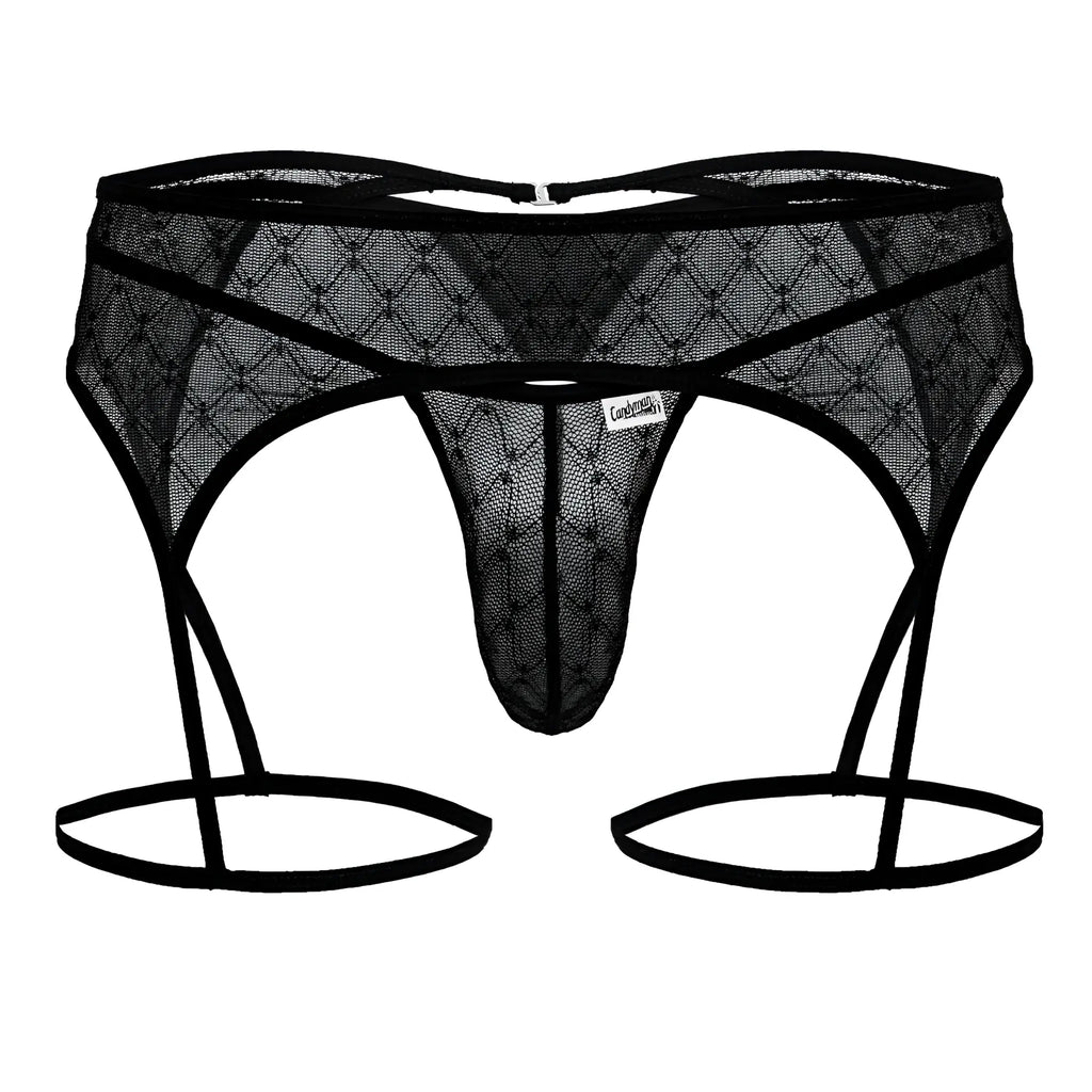 Black candyMan 99898 lace thong with adjustable garter straps and diamond-patterned geometric mesh design
