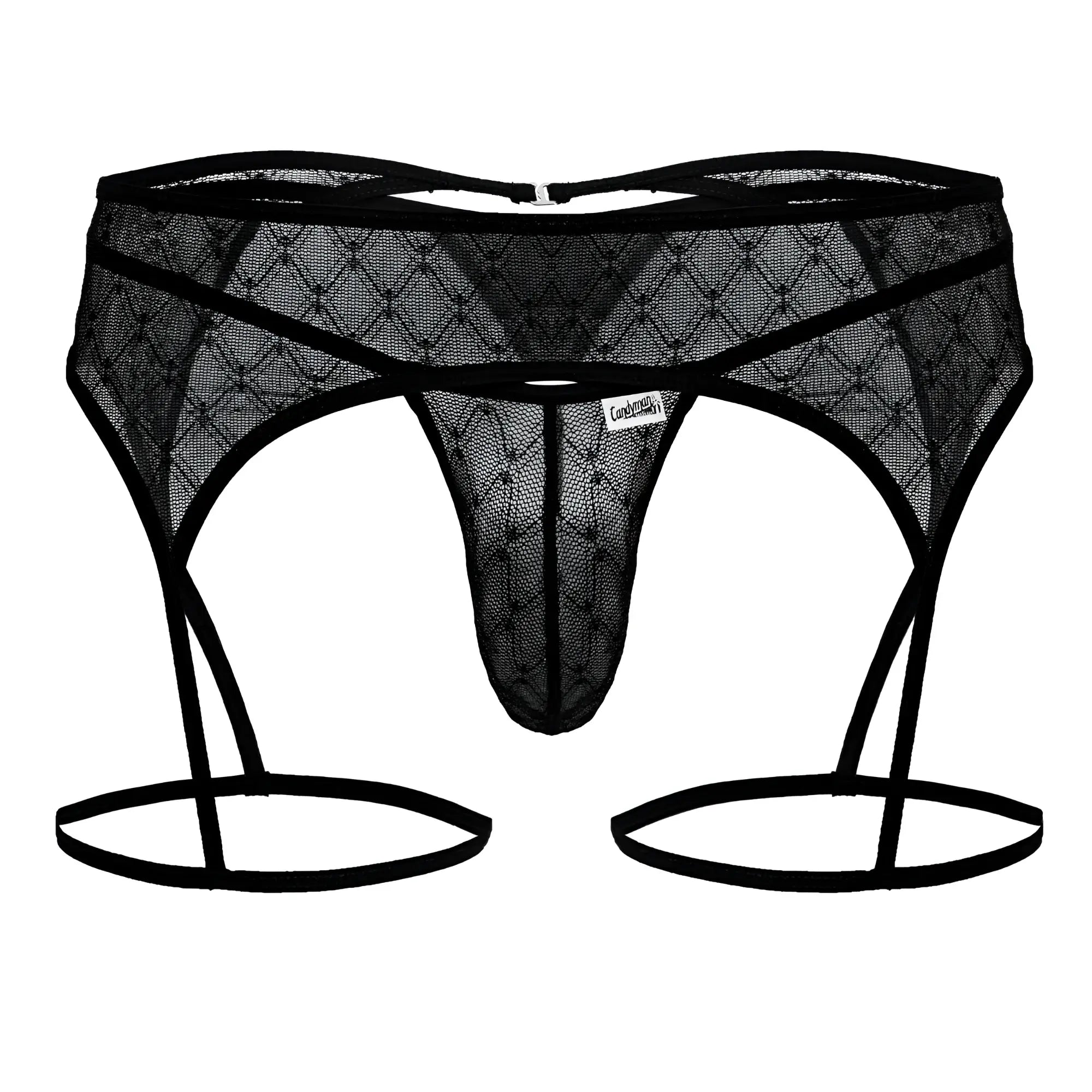 Black candyMan 99898 lace thong with adjustable garter straps and diamond-patterned geometric mesh design
