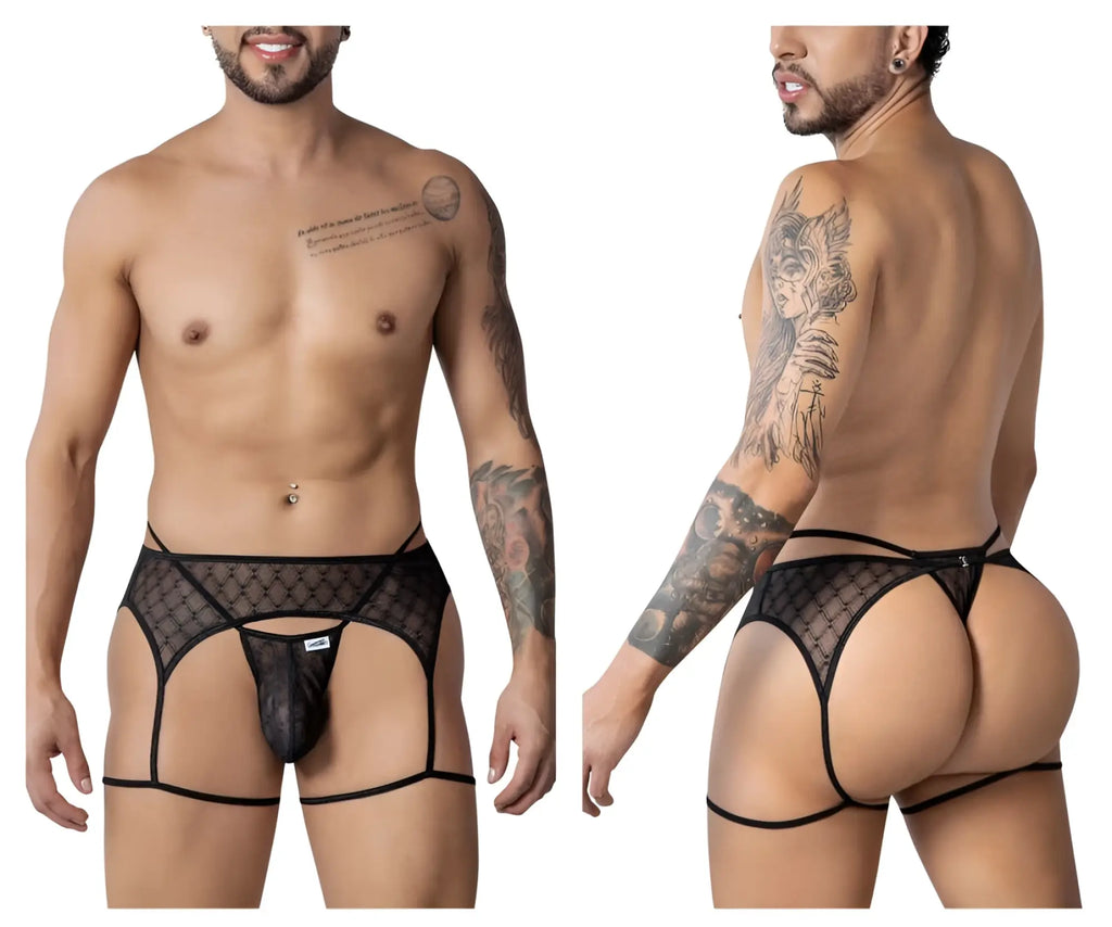 Black candy man 99898 geometric mesh thong with adjustable straps and lace mesh design showing front view