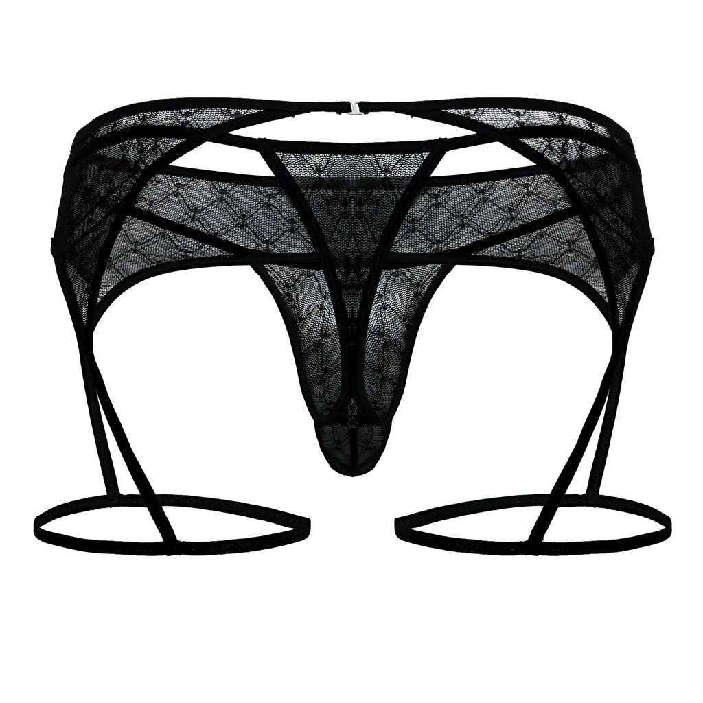 Black lace thong with garter straps and diamond patterned mesh design from candyman 99898 geometric mesh thongs