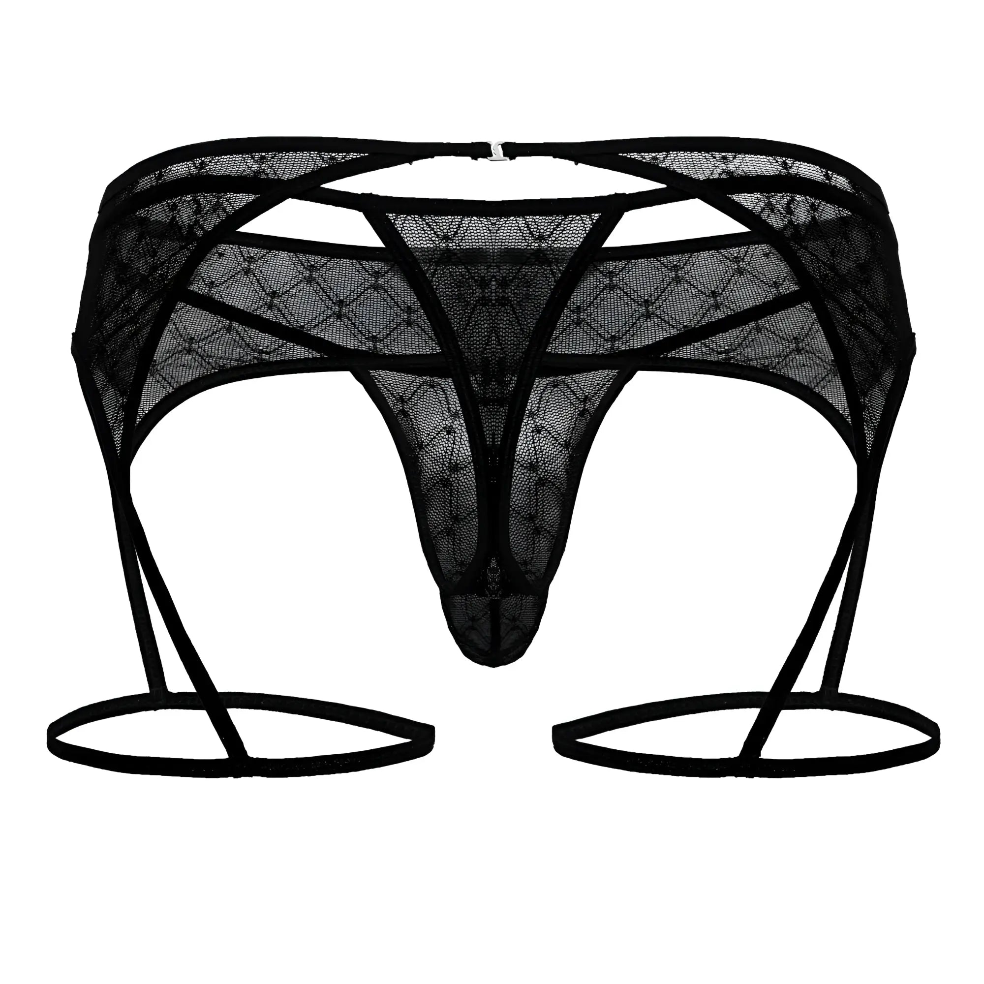 Black lace thong with garter straps and diamond patterned mesh design from candyman 99898 geometric mesh thongs