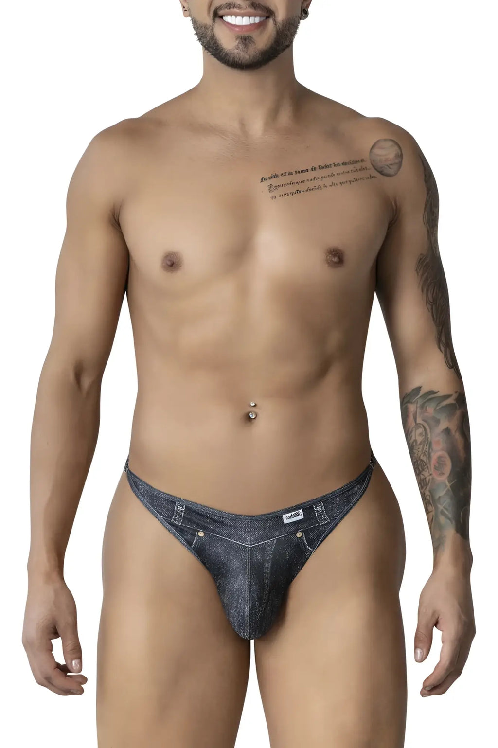 Dark blue denim briefs with subtle textured pattern and gold-tone hardware on waistband candyMan 99899 cowboy thongs