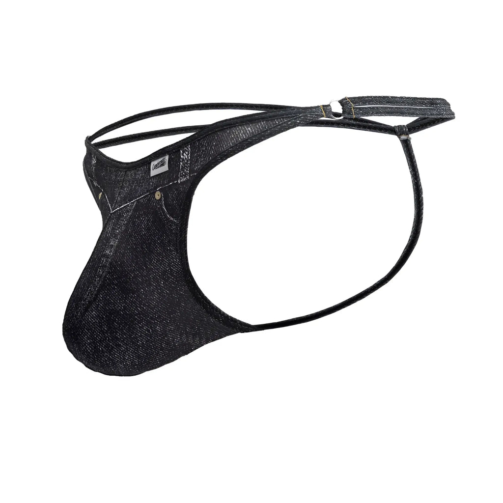 Black denim-style men’s thong candyMan 99899 with subtle textured weave and reinforced stitching