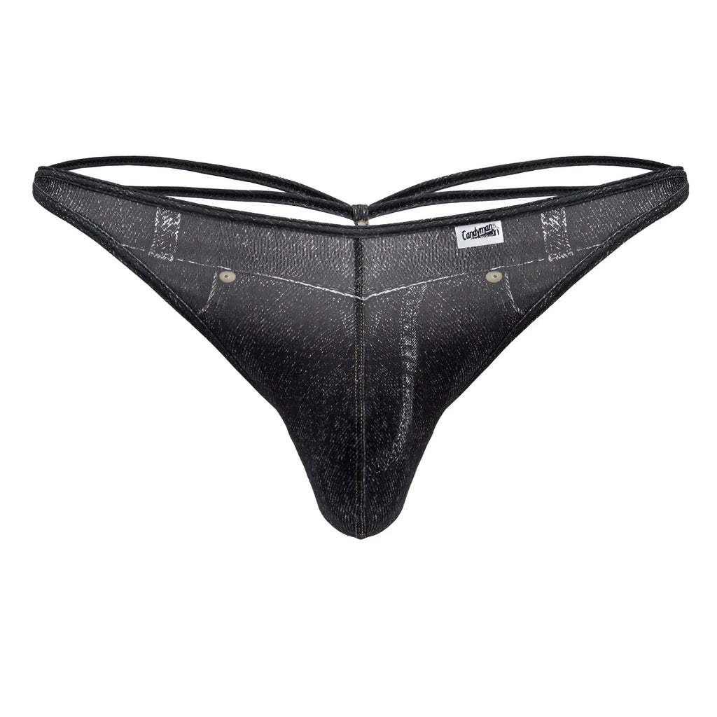 Black denim-style thong with subtle glittery sheen and reinforced stitching from Candyman 99899 Cowboy Thongs collection