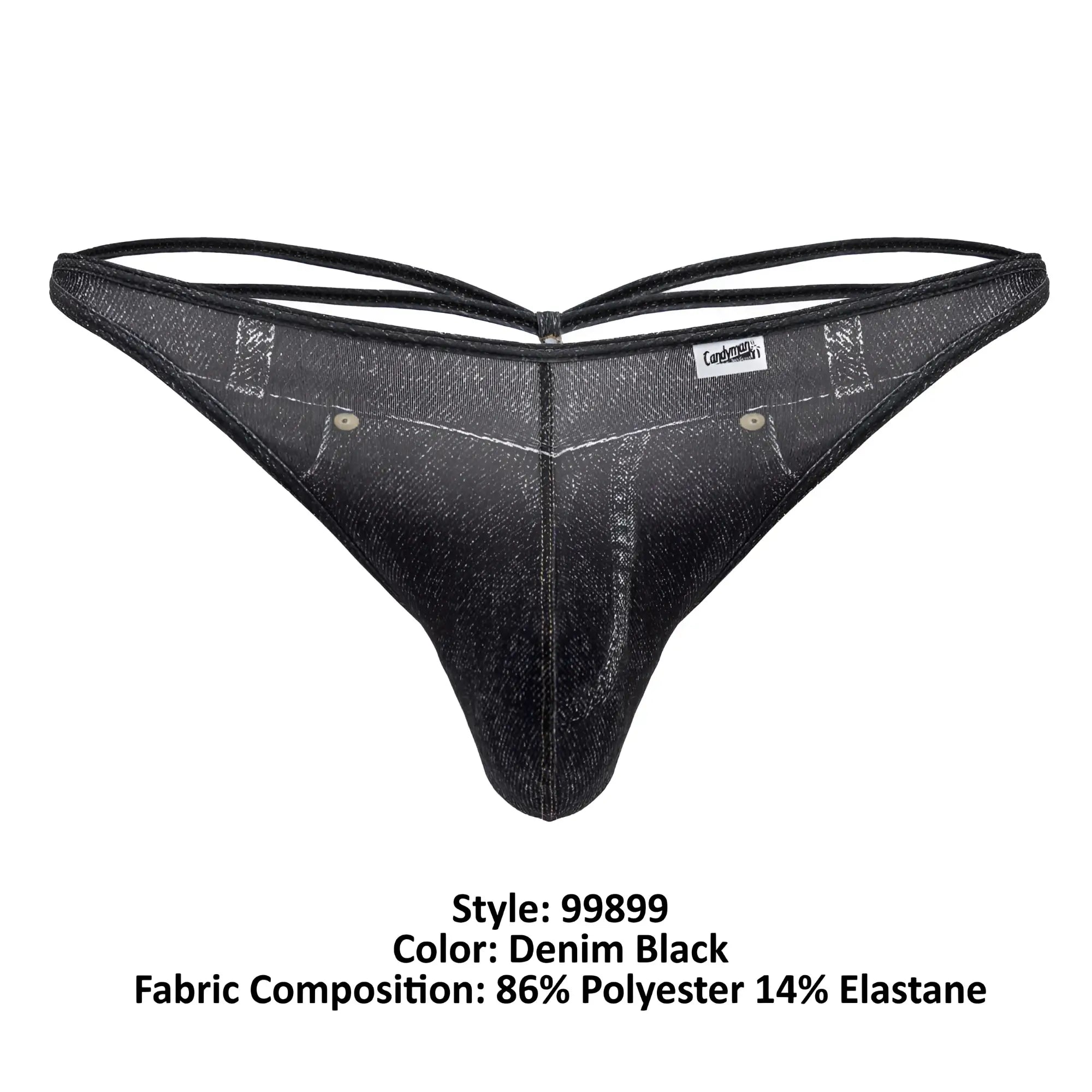 Denim black cowboy thong by candyman 99899 with textured slightly shiny fabric and reinforced stitching details