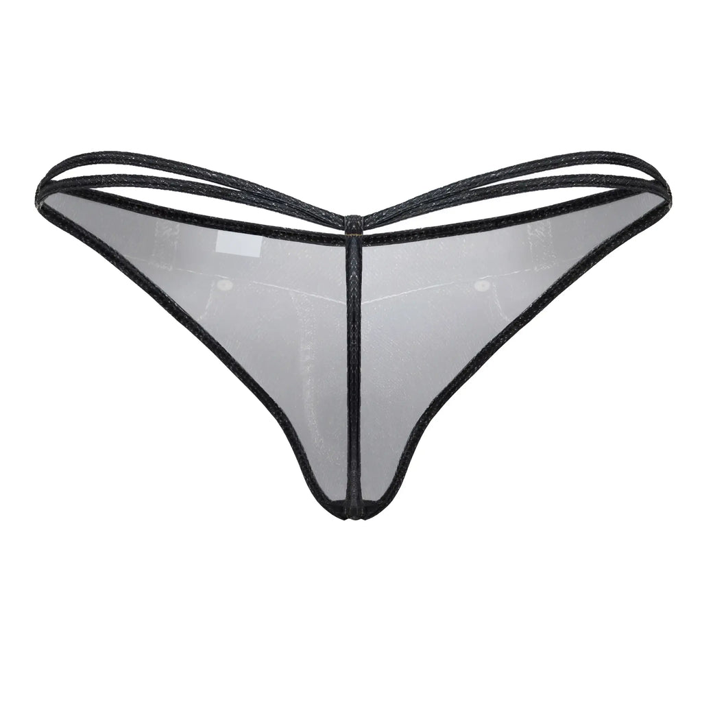 Black-trimmed sheer mesh thong with delicate transparent design in denim black color by candyman 99899 cowboy thongs
