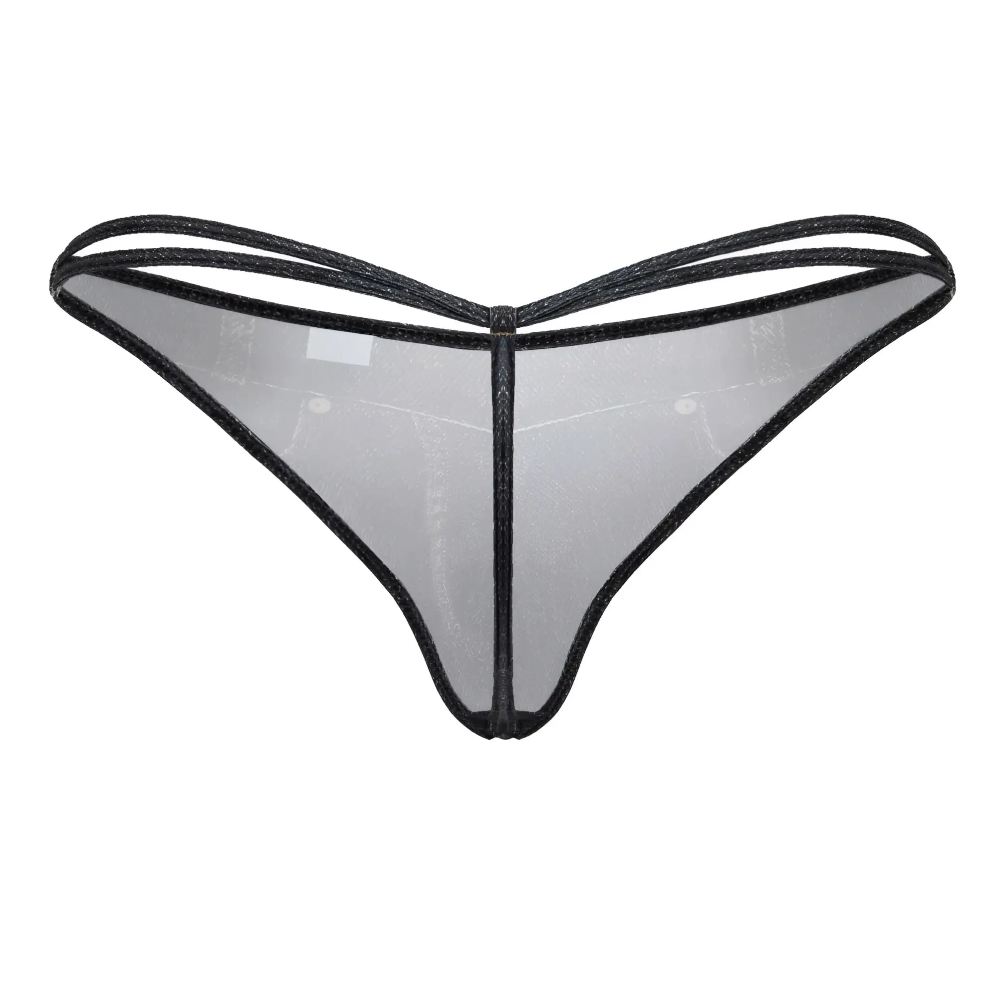 Black-trimmed sheer mesh thong with delicate transparent design in denim black color by candyman 99899 cowboy thongs
