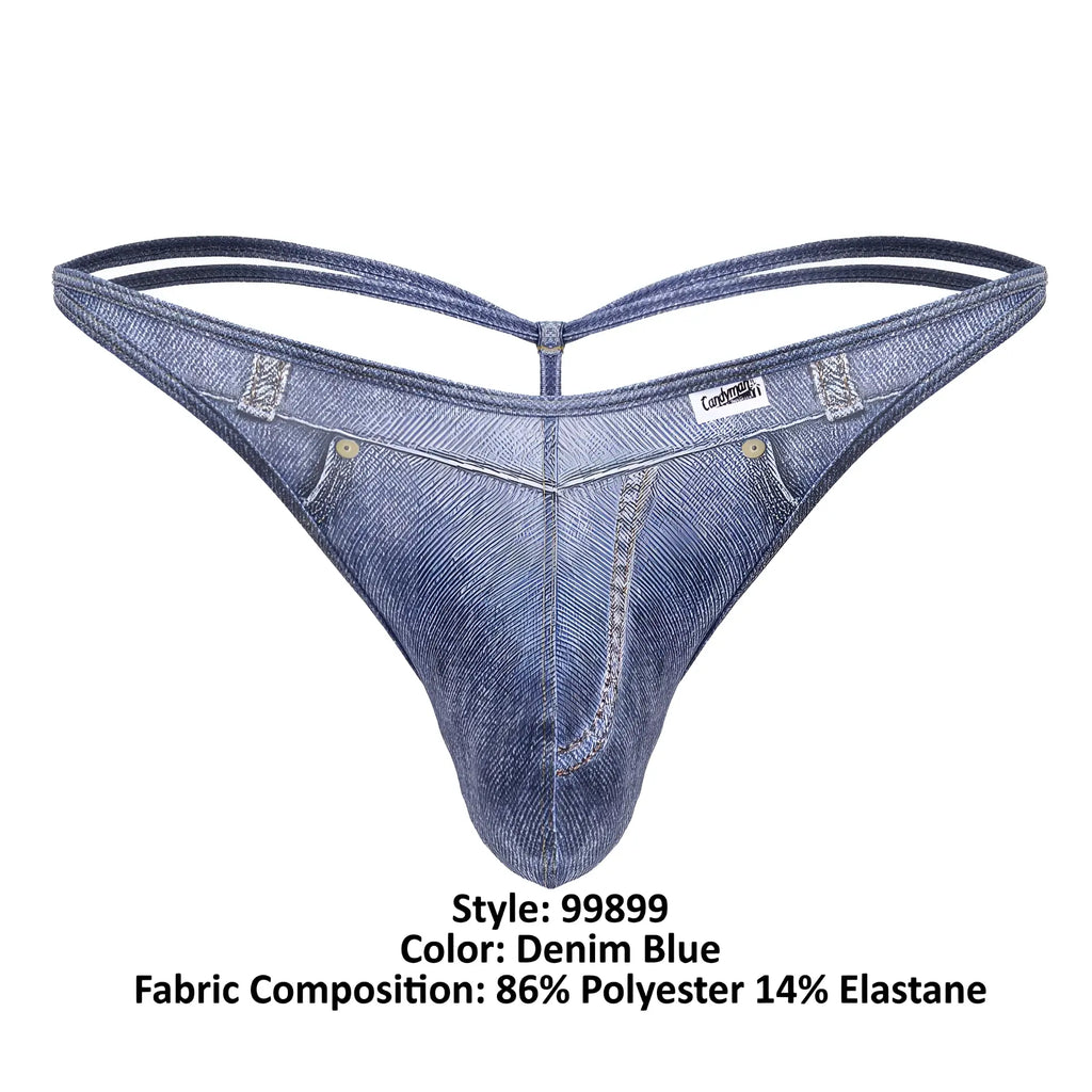Denim blue CandyMan 99899 cowboy thong made of 86% polyester and 14% elastane with classic denim texture and stitching