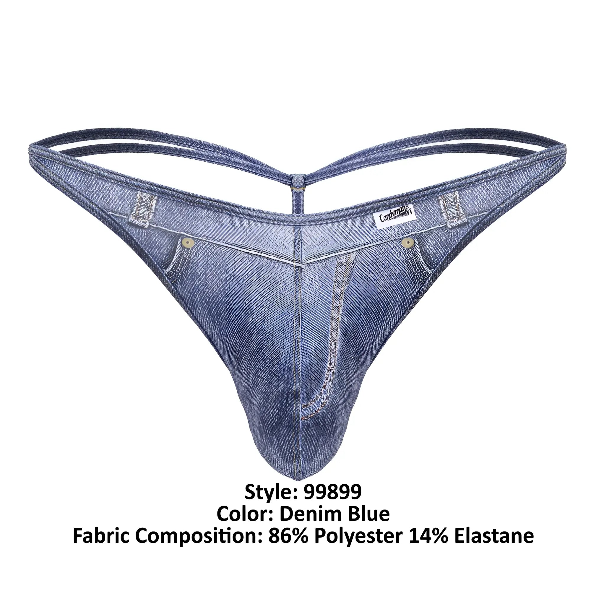 Denim blue CandyMan 99899 cowboy thong made of 86% polyester and 14% elastane with classic denim texture and stitching