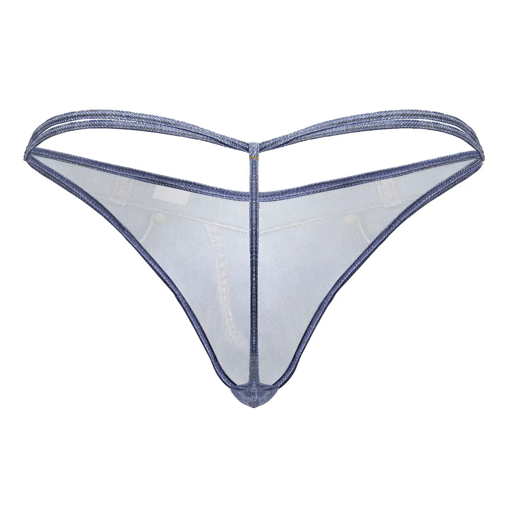 CandyMan 99899 cowboy thong in denim blue sheer mesh with glittery texture and reinforced edges visible from the back
