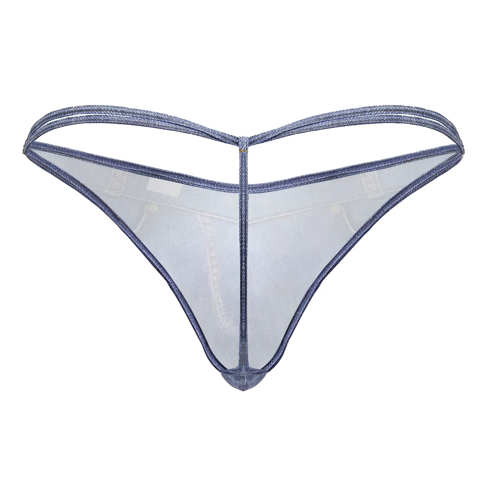 CandyMan 99899 cowboy thong in denim blue sheer mesh with glittery texture and reinforced edges visible from the back
