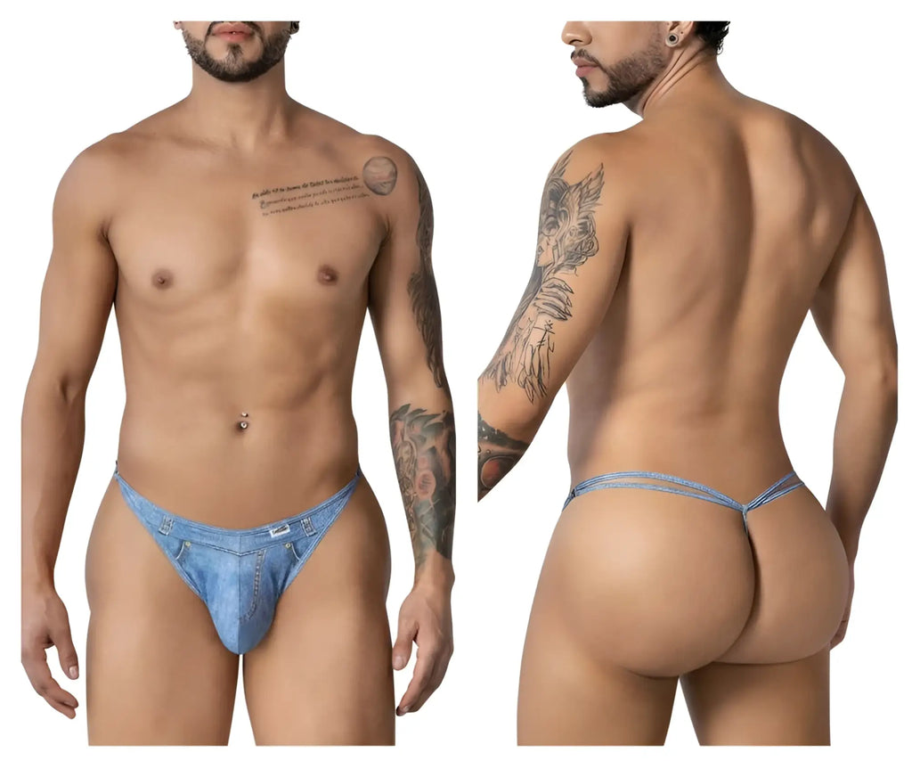 Blue denim candy man 99899 cowboy thong with small front pocket and belt loops in denim blue style