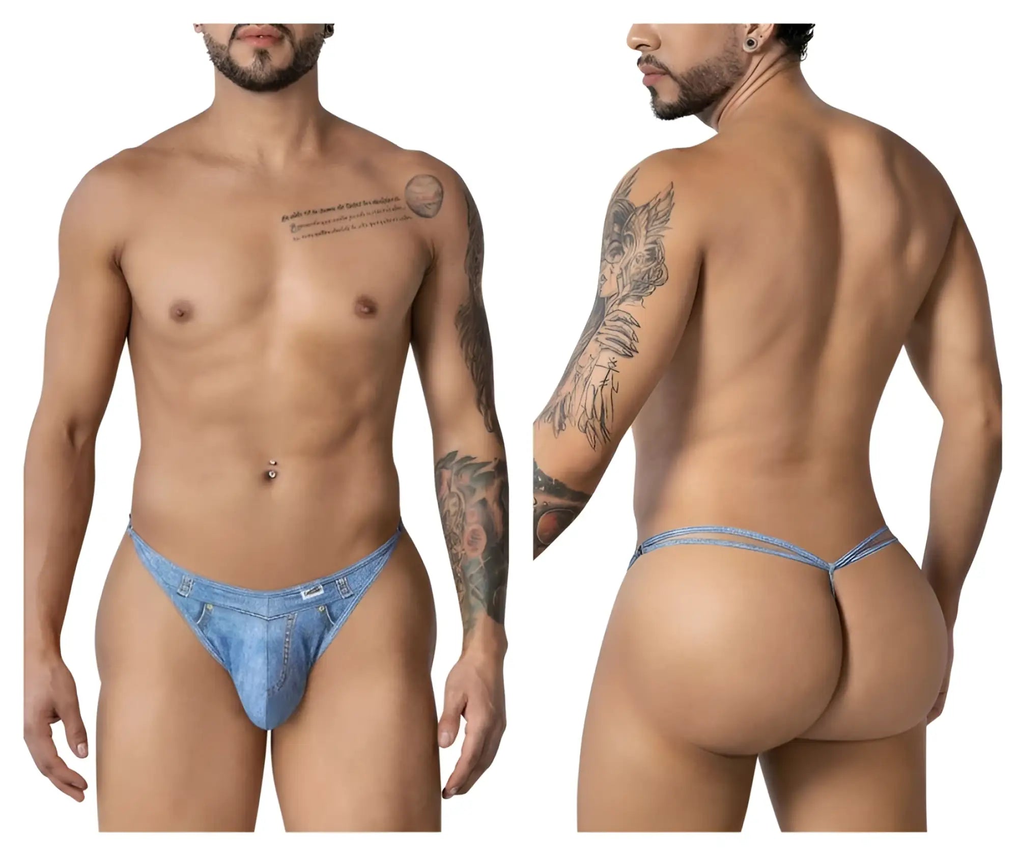 Blue denim candy man 99899 cowboy thong with small front pocket and belt loops in denim blue style